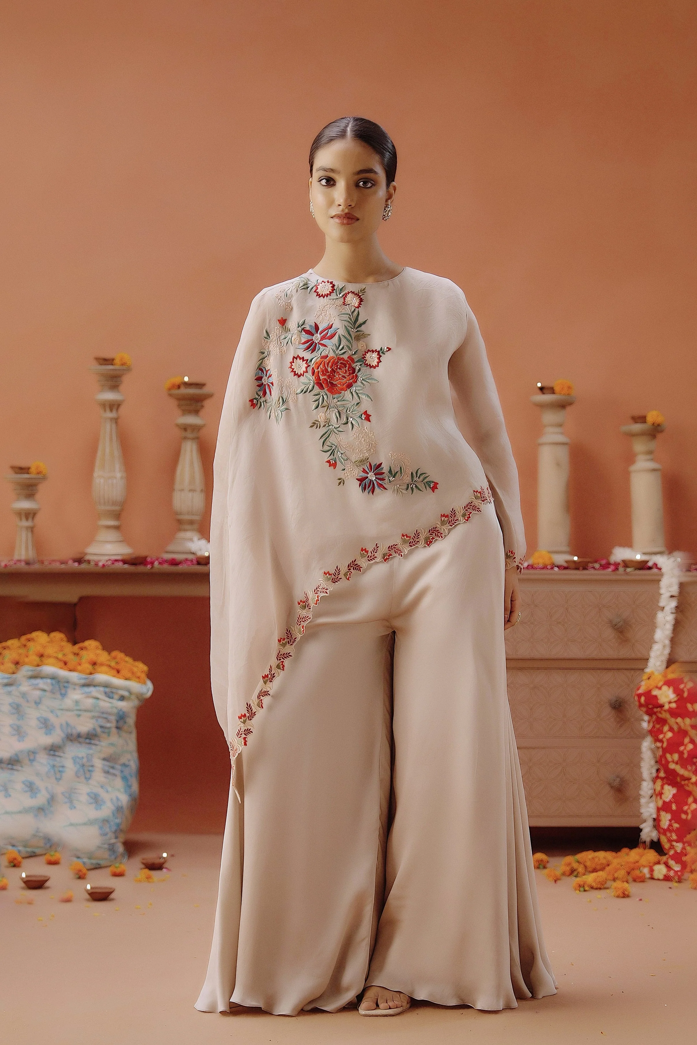 Off-White Embroidered Organza Silk Co-Ord Set