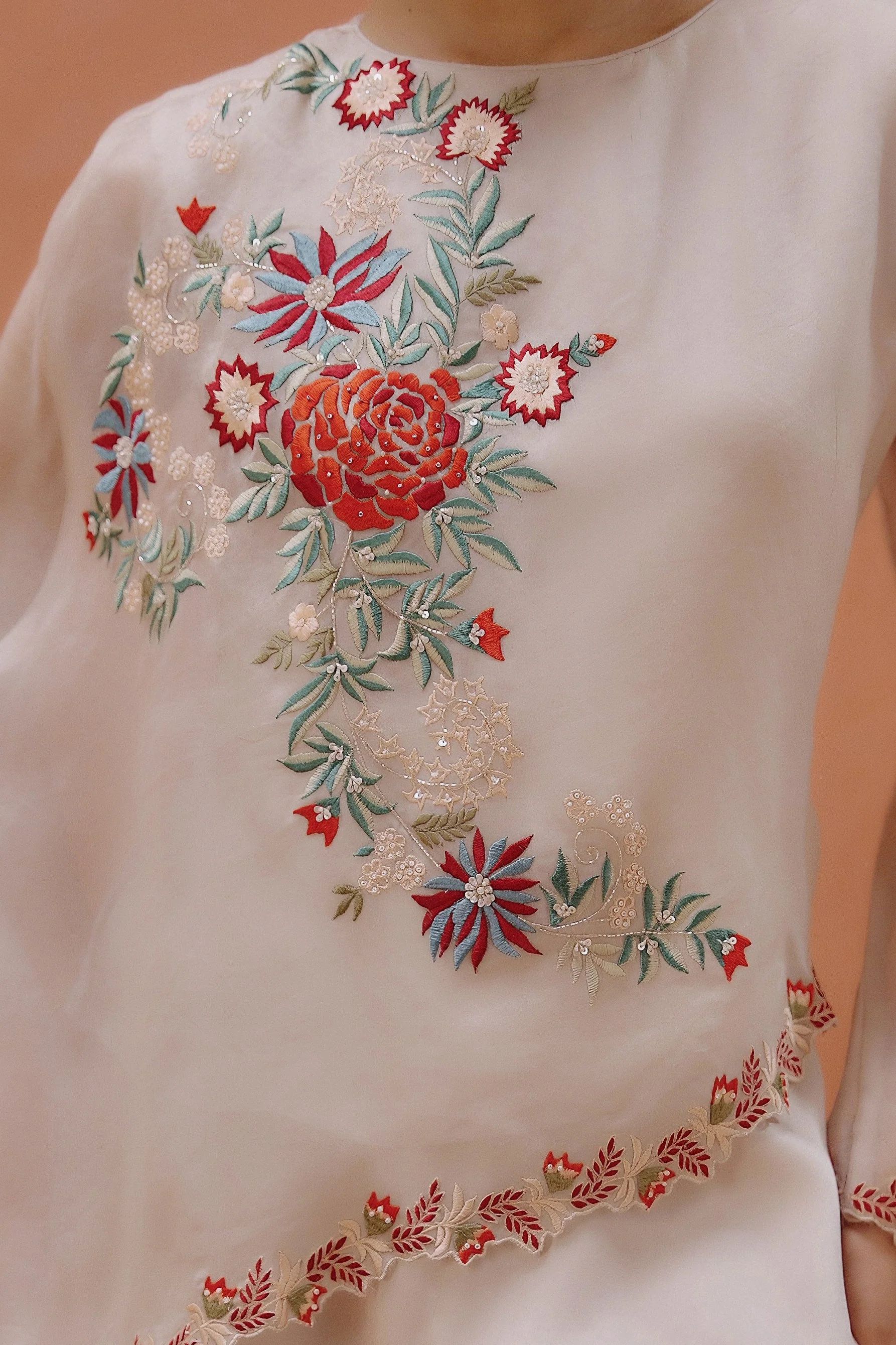 Off-White Embroidered Organza Silk Co-Ord Set - Image 2