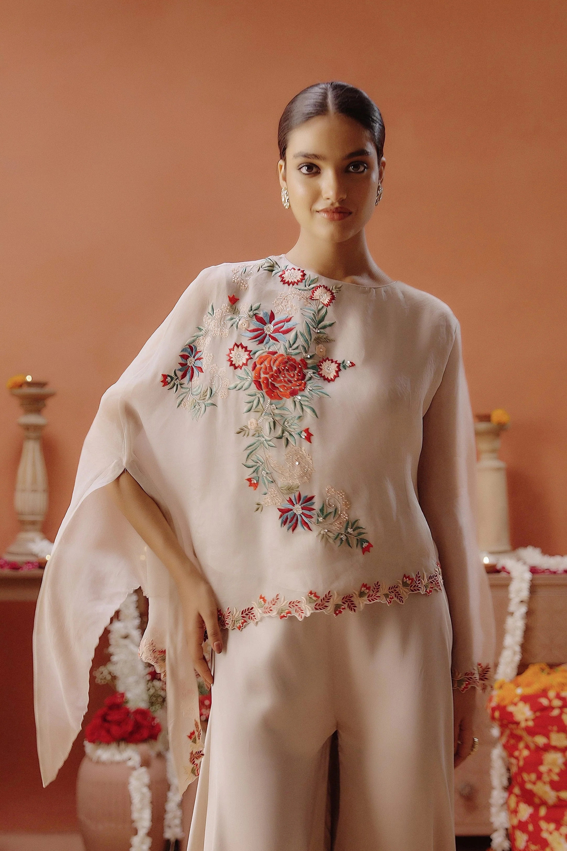 Off-White Embroidered Organza Silk Co-Ord Set - Image 3