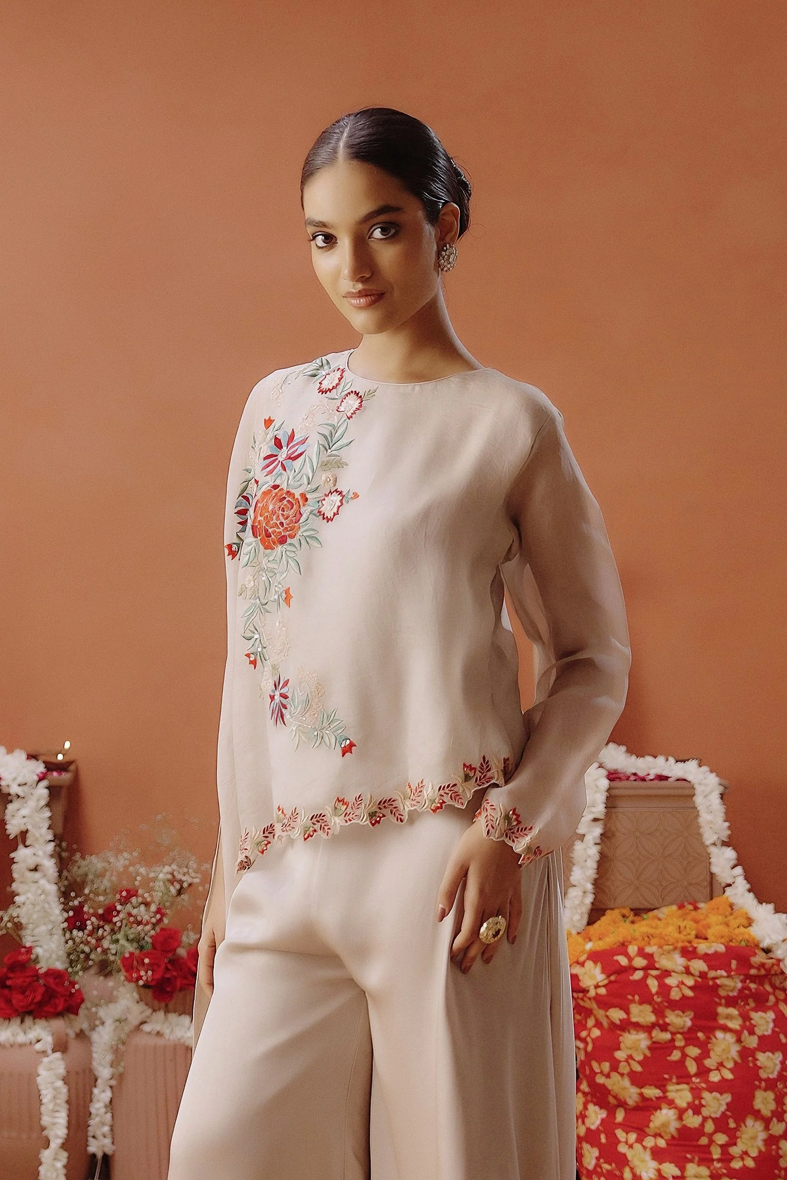 Off-White Embroidered Organza Silk Co-Ord Set - Image 4