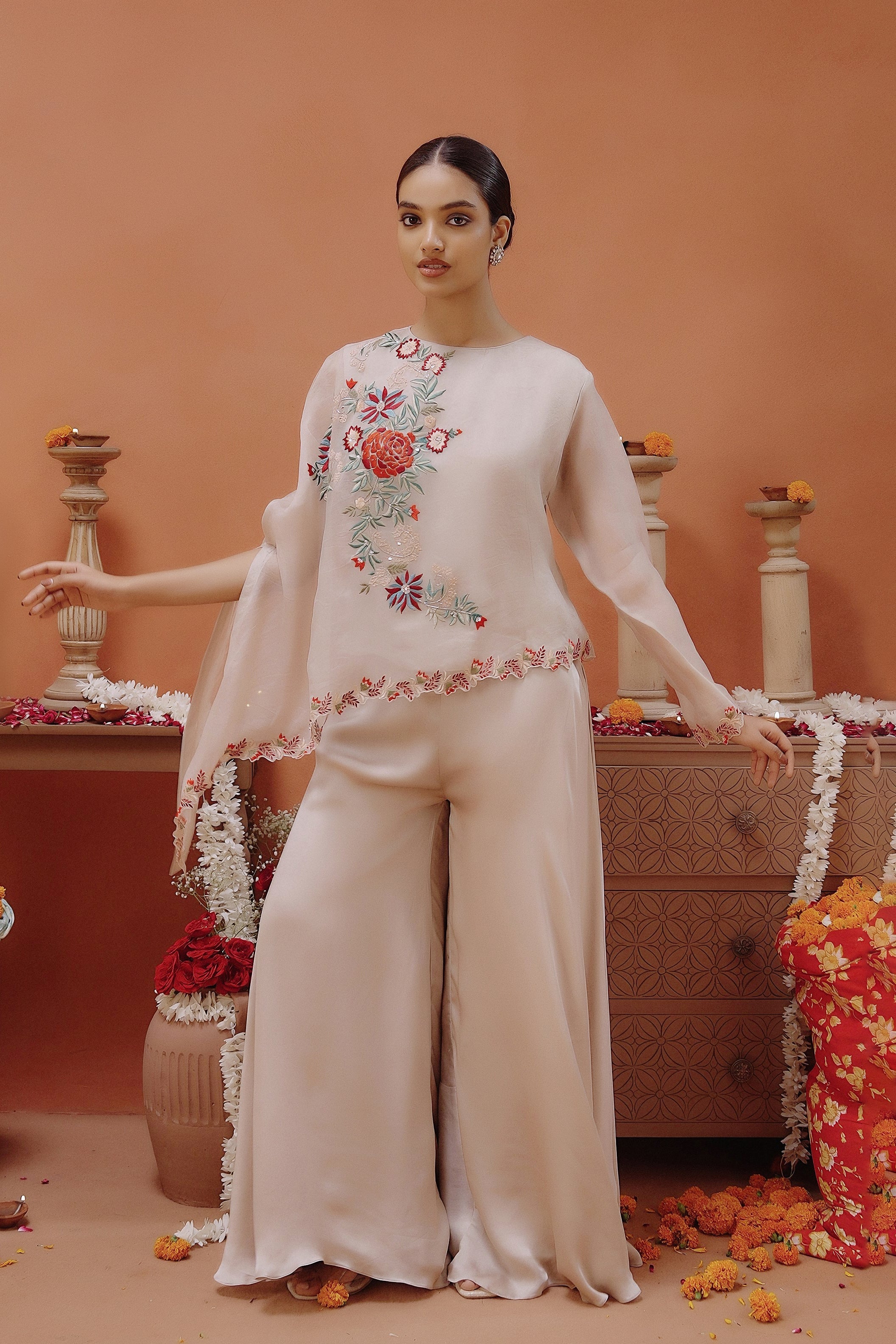Off-White Embroidered Organza Silk Co-Ord Set - Image 5