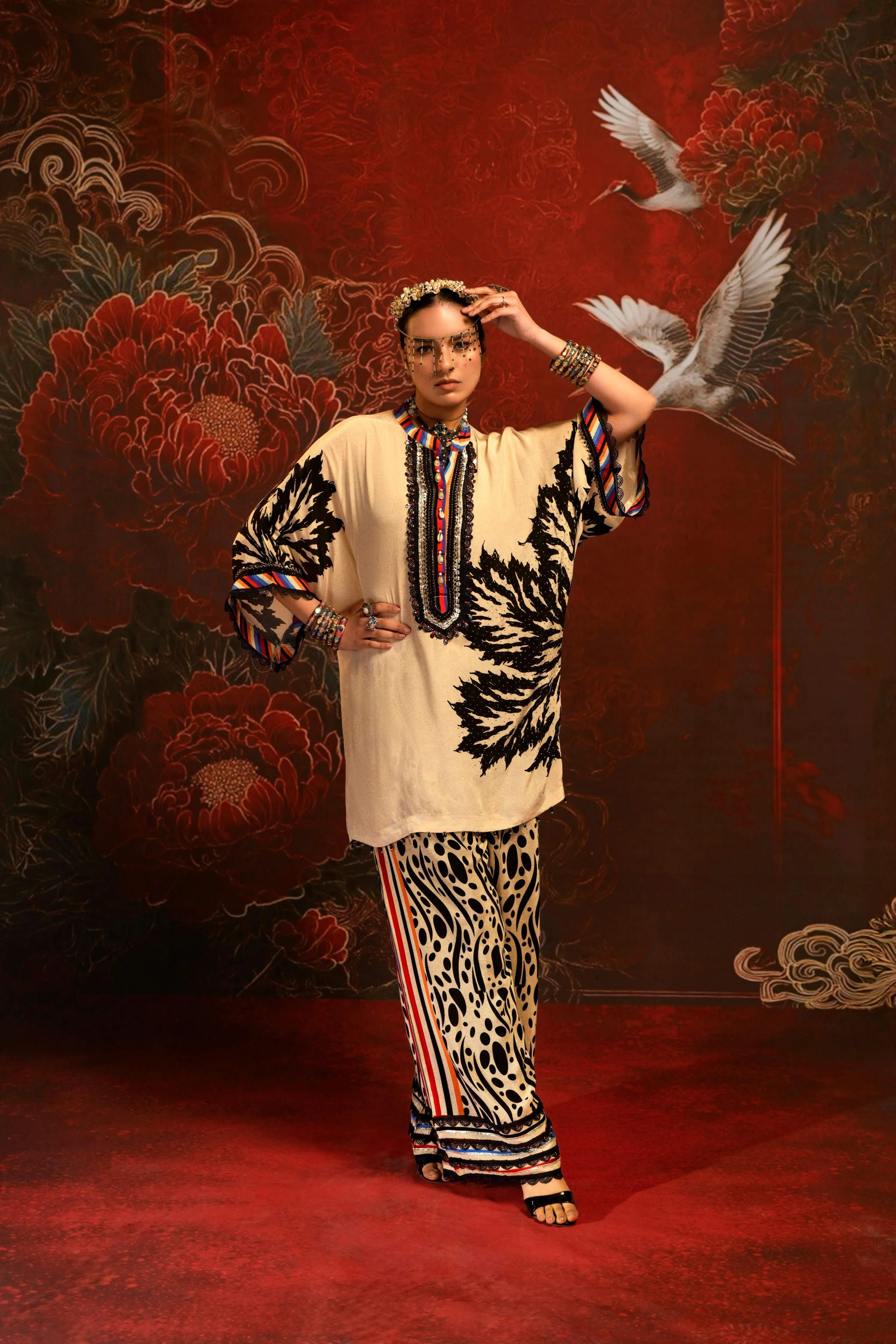 Off White Fusion Embellished Crepe Silk Co-Ord Set