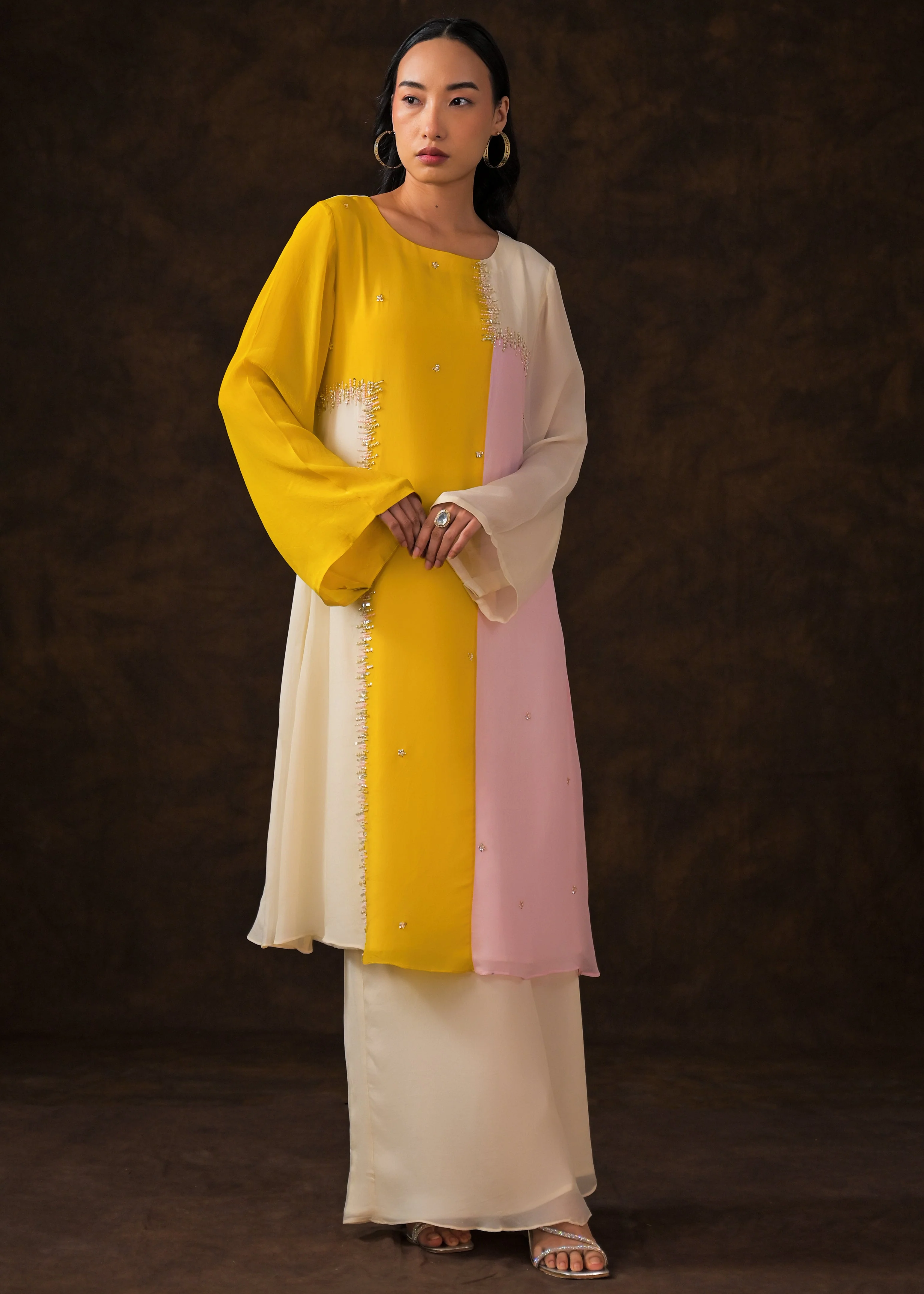 Soft Ivory Embellished Chinon Silk Palazzo Set