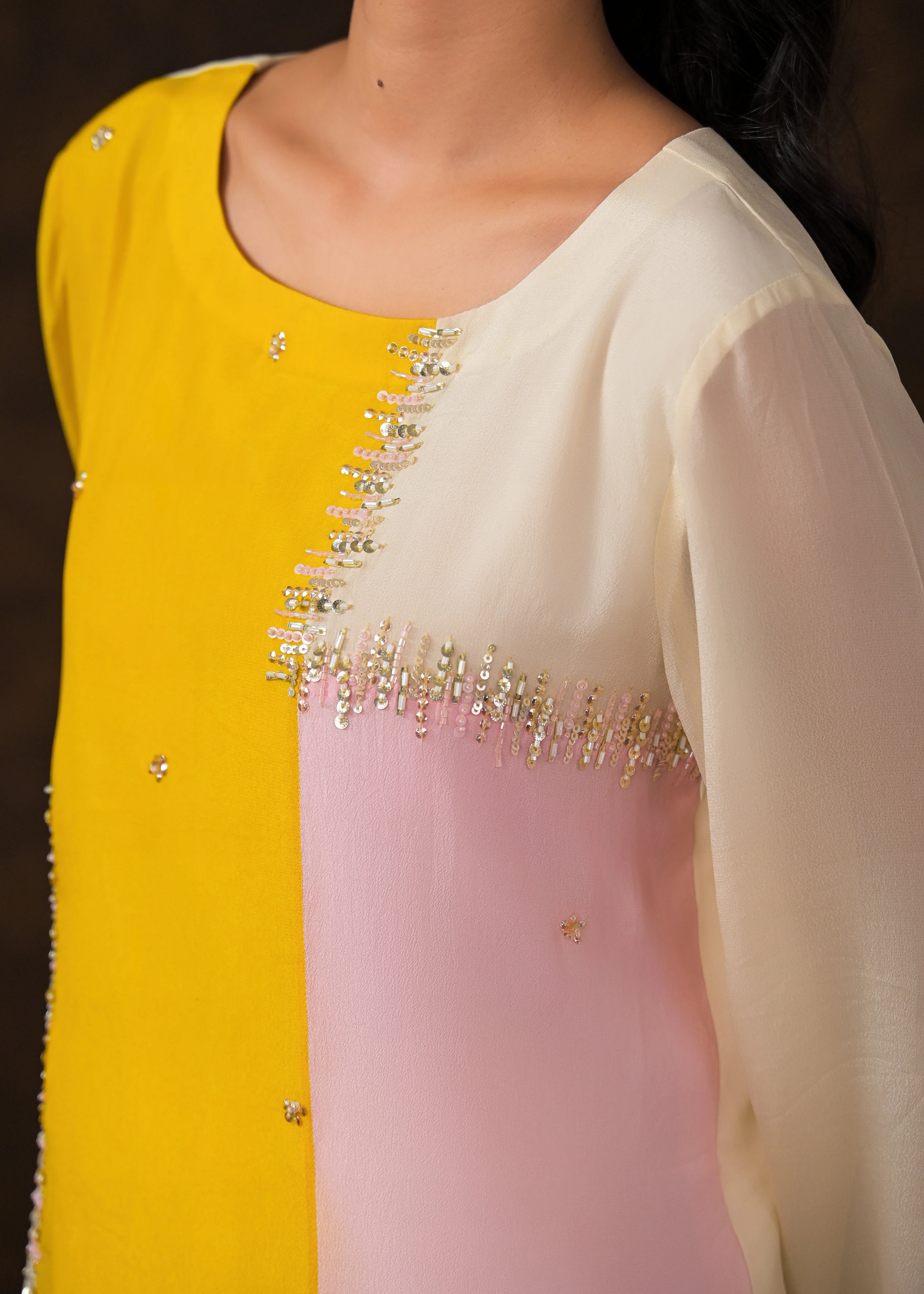 Soft Ivory Embellished Chinon Silk Palazzo Set - Image 2