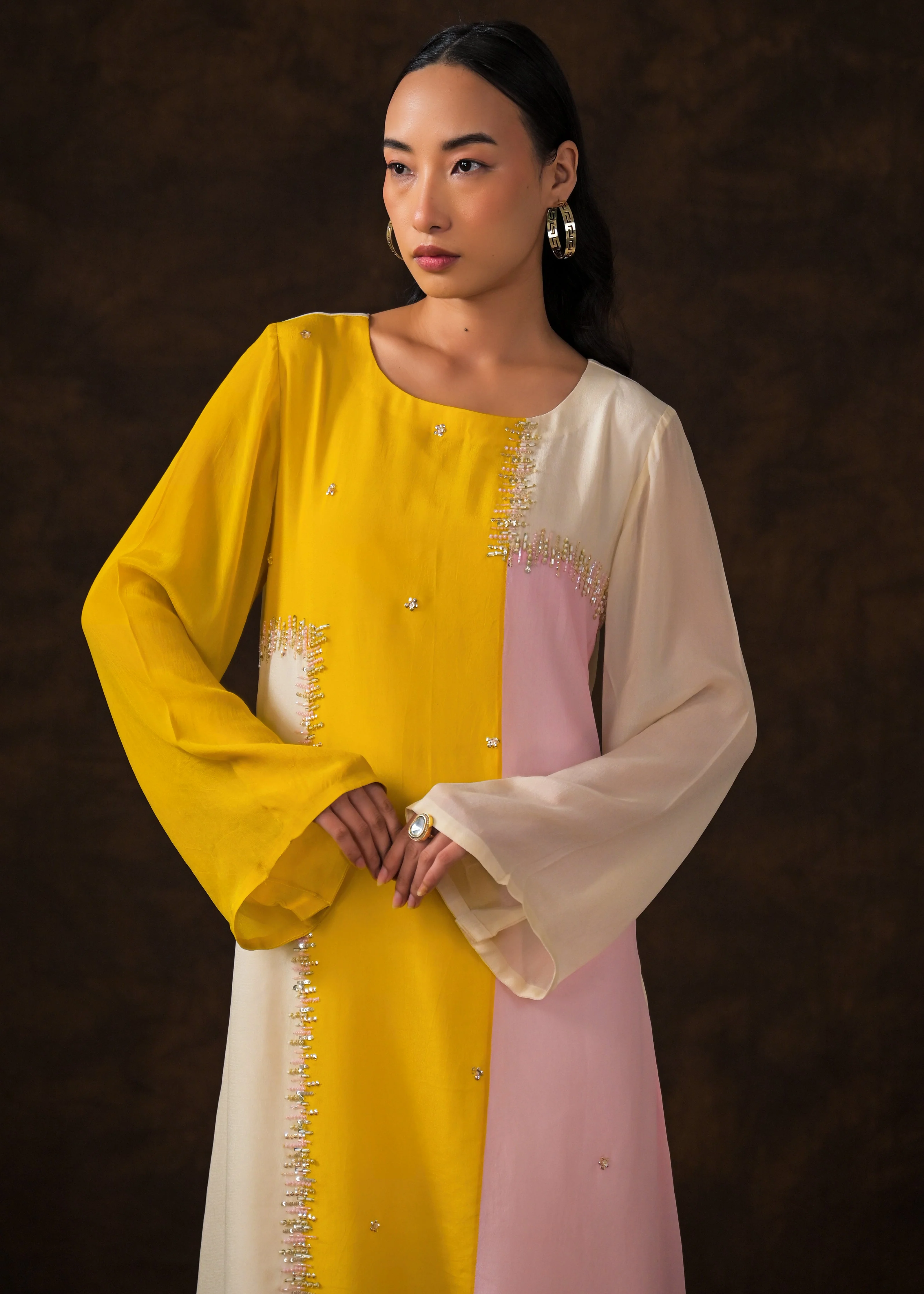 Soft Ivory Embellished Chinon Silk Palazzo Set - Image 4