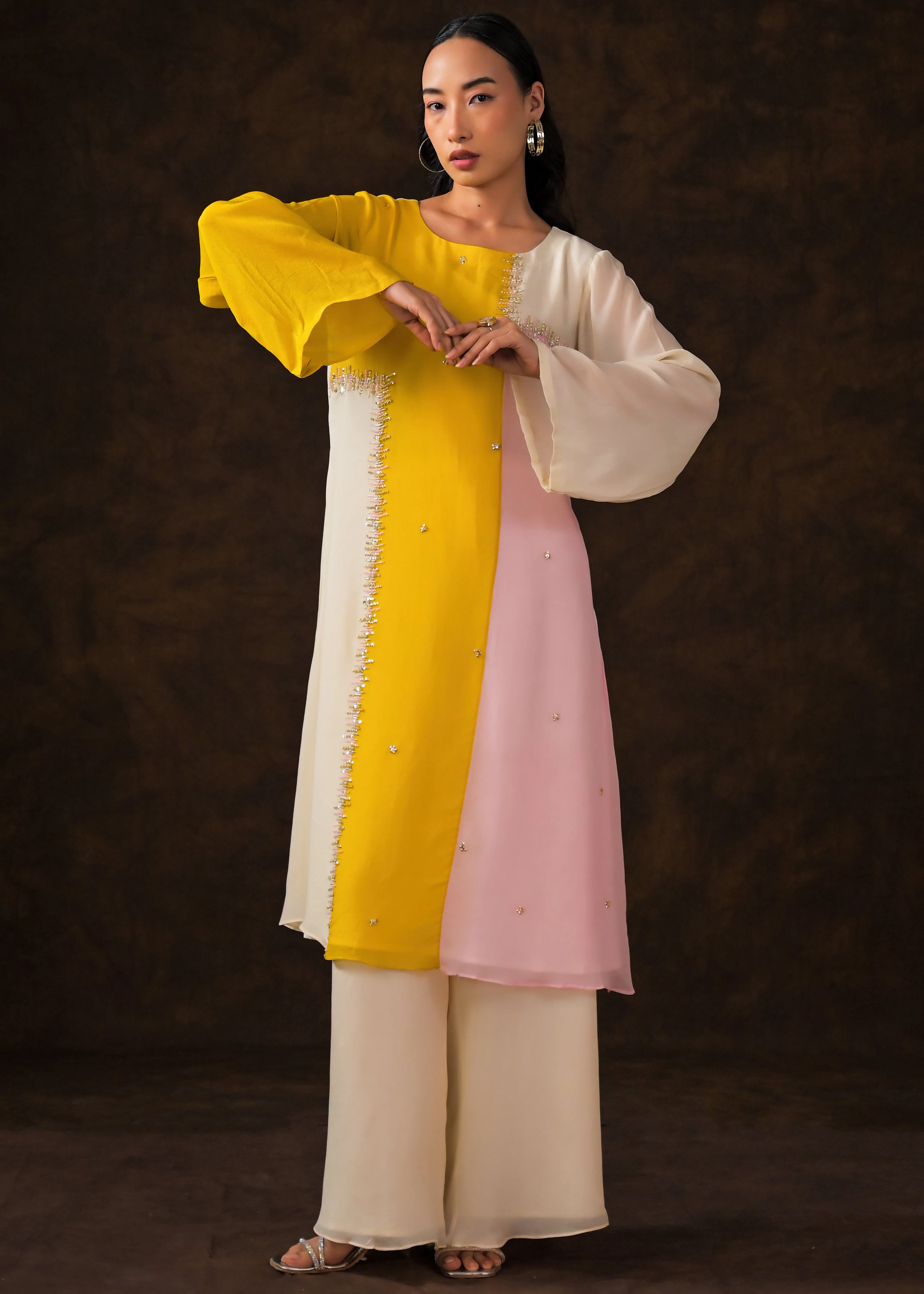 Soft Ivory Embellished Chinon Silk Palazzo Set - Image 5