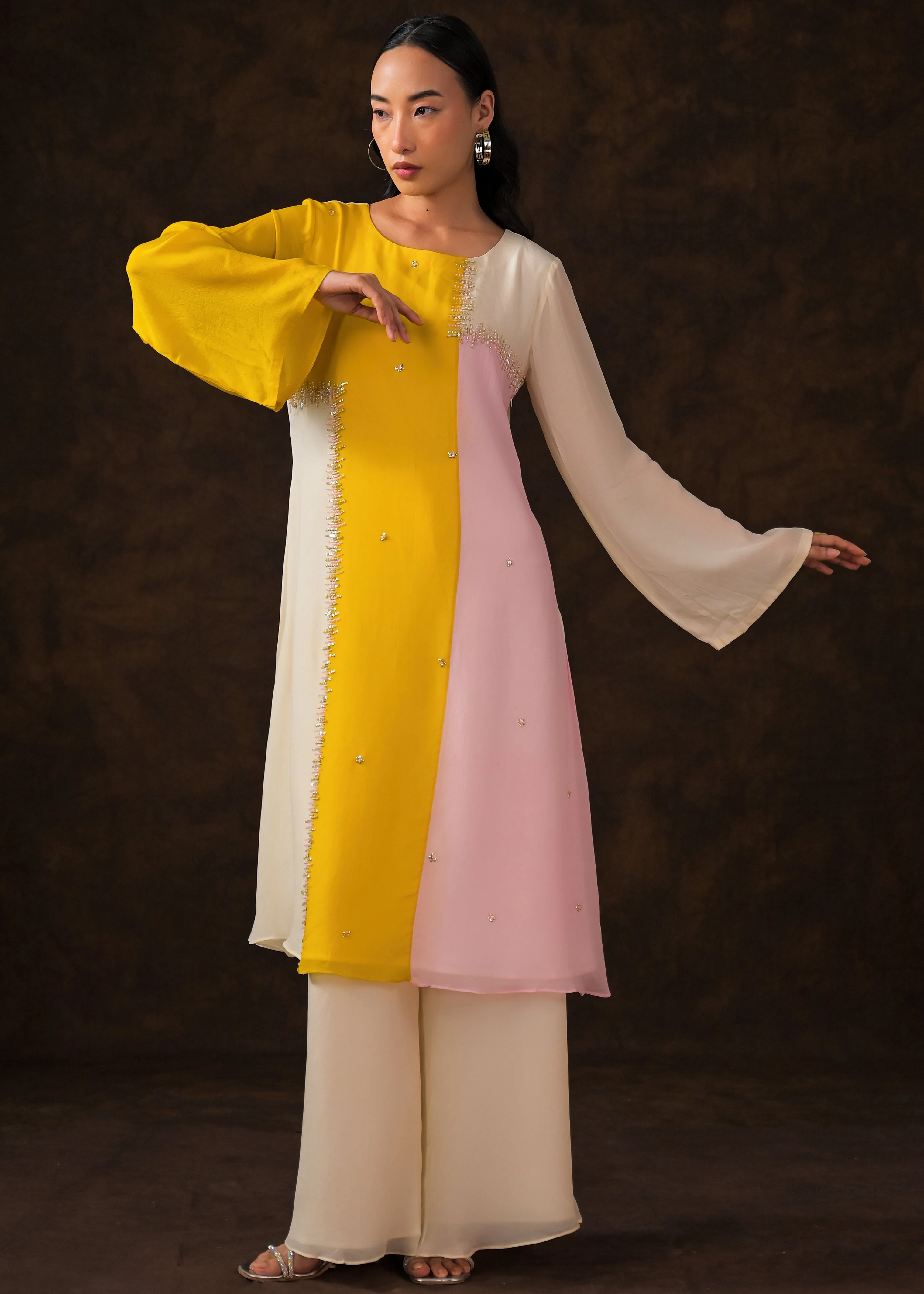 Soft Ivory Embellished Chinon Silk Palazzo Set - Image 6
