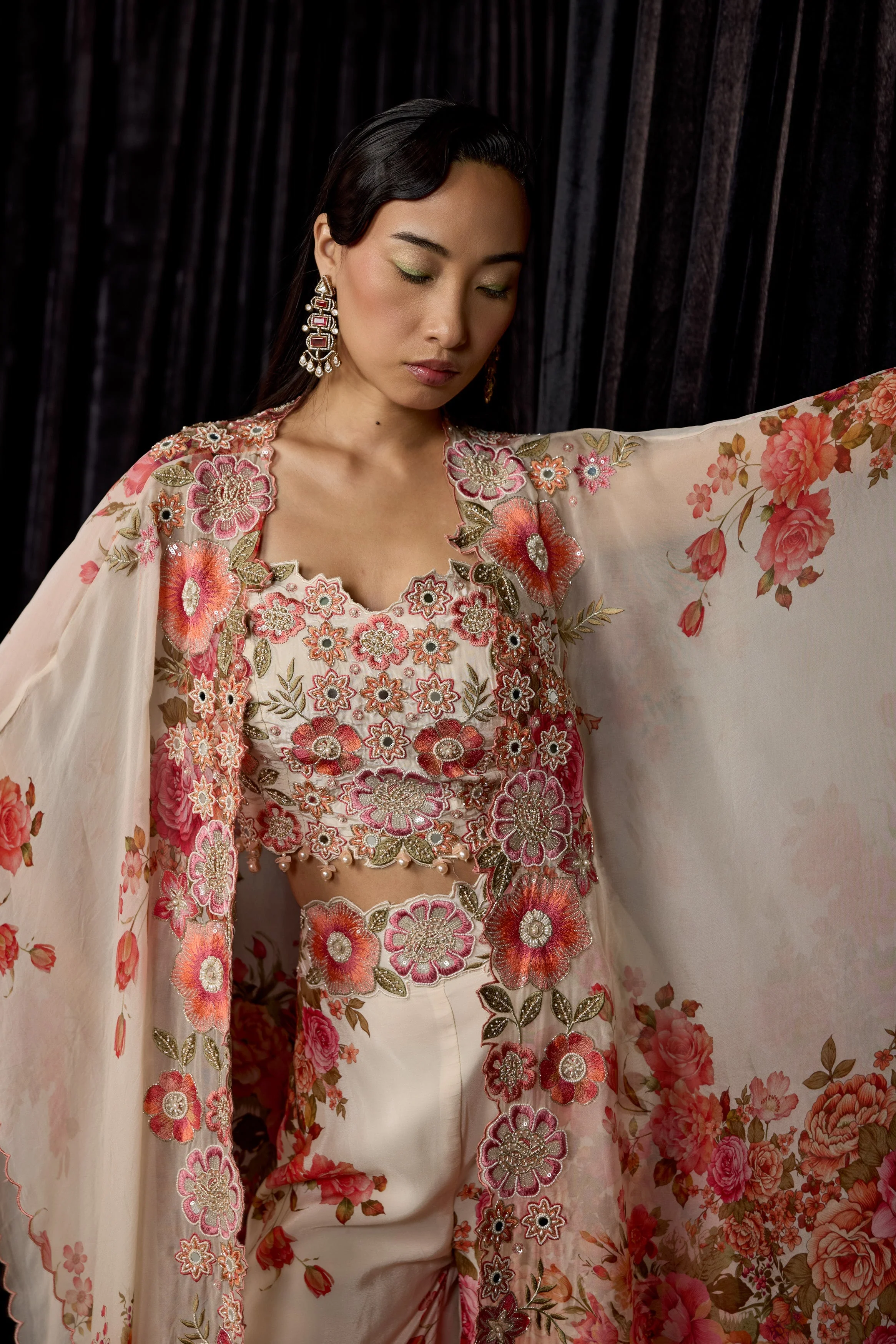 Off-White Printed Crepe Silk Cape Set - Image 2