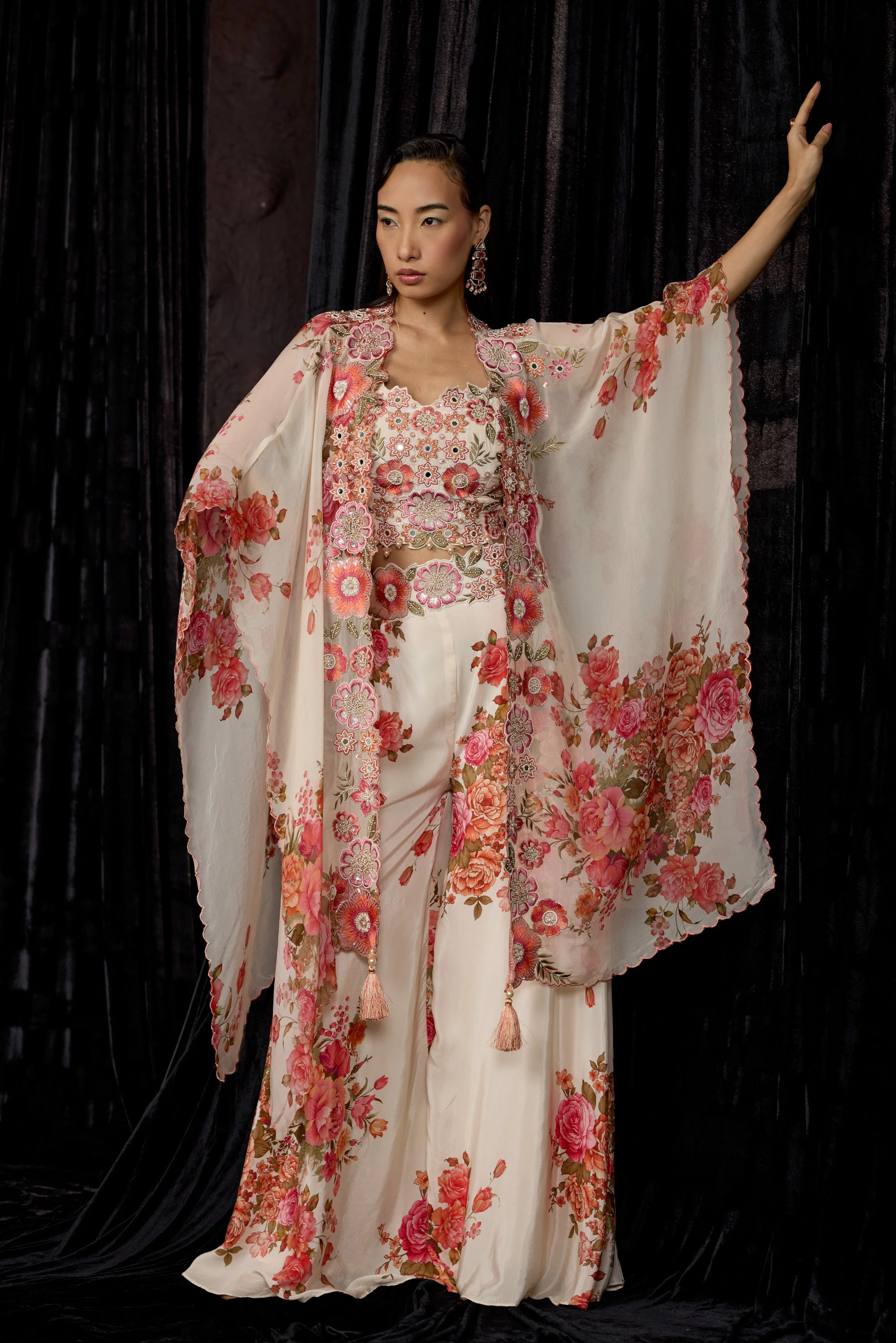 Off-White Printed Crepe Silk Cape Set - Image 5