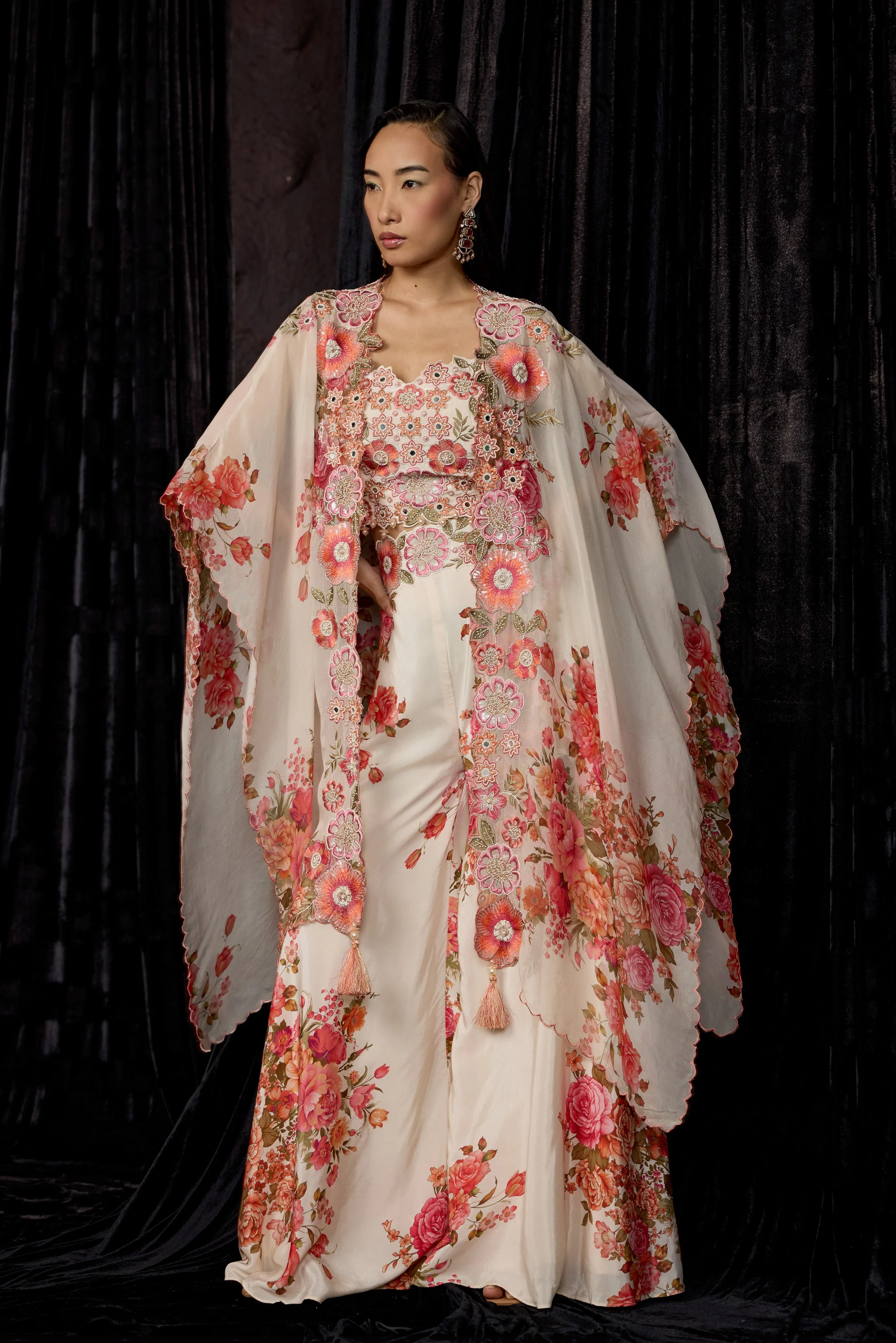 Off-White Printed Crepe Silk Cape Set - Image 6