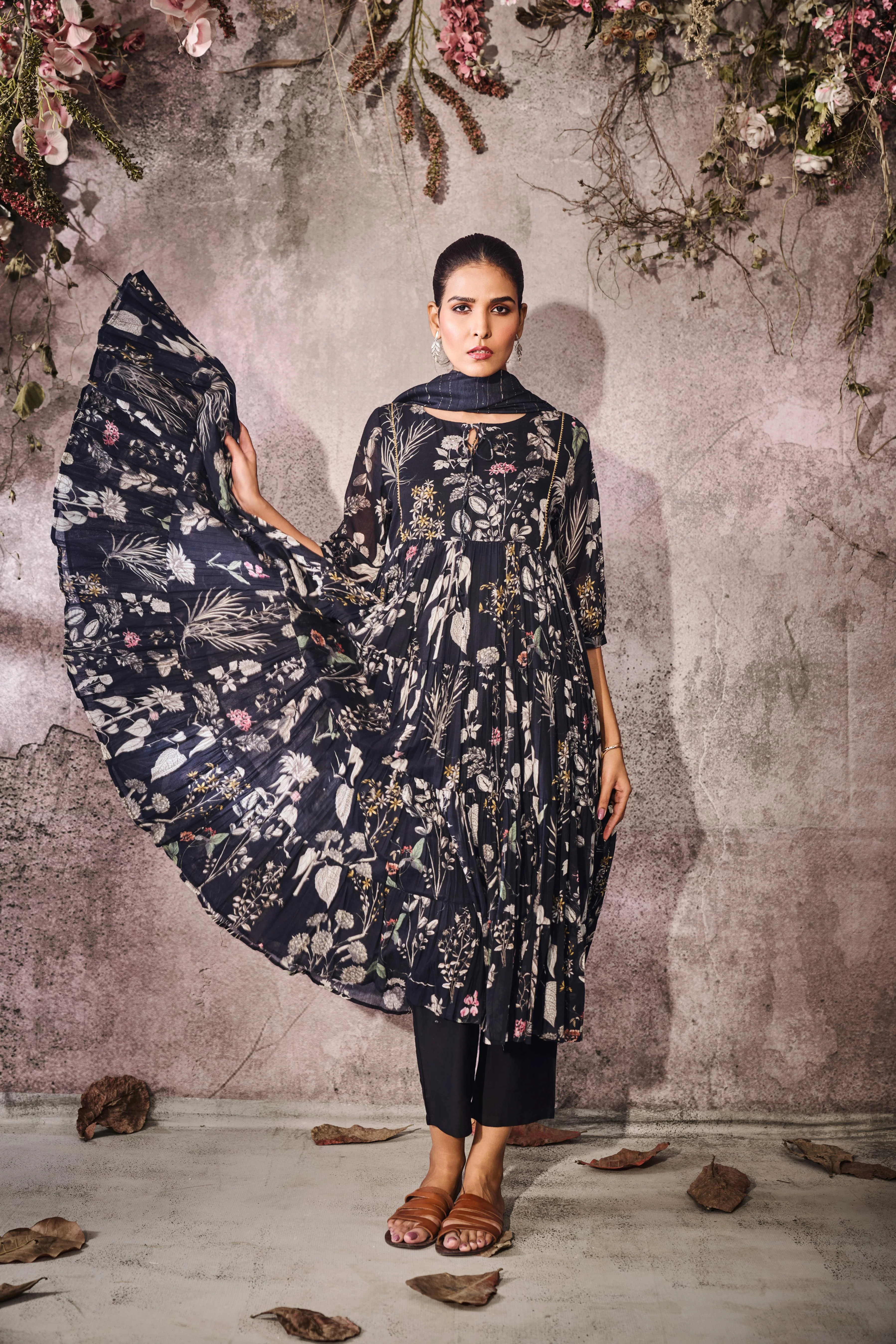 Deep Navy Blue Printed Cotton Mul Anarkali Set