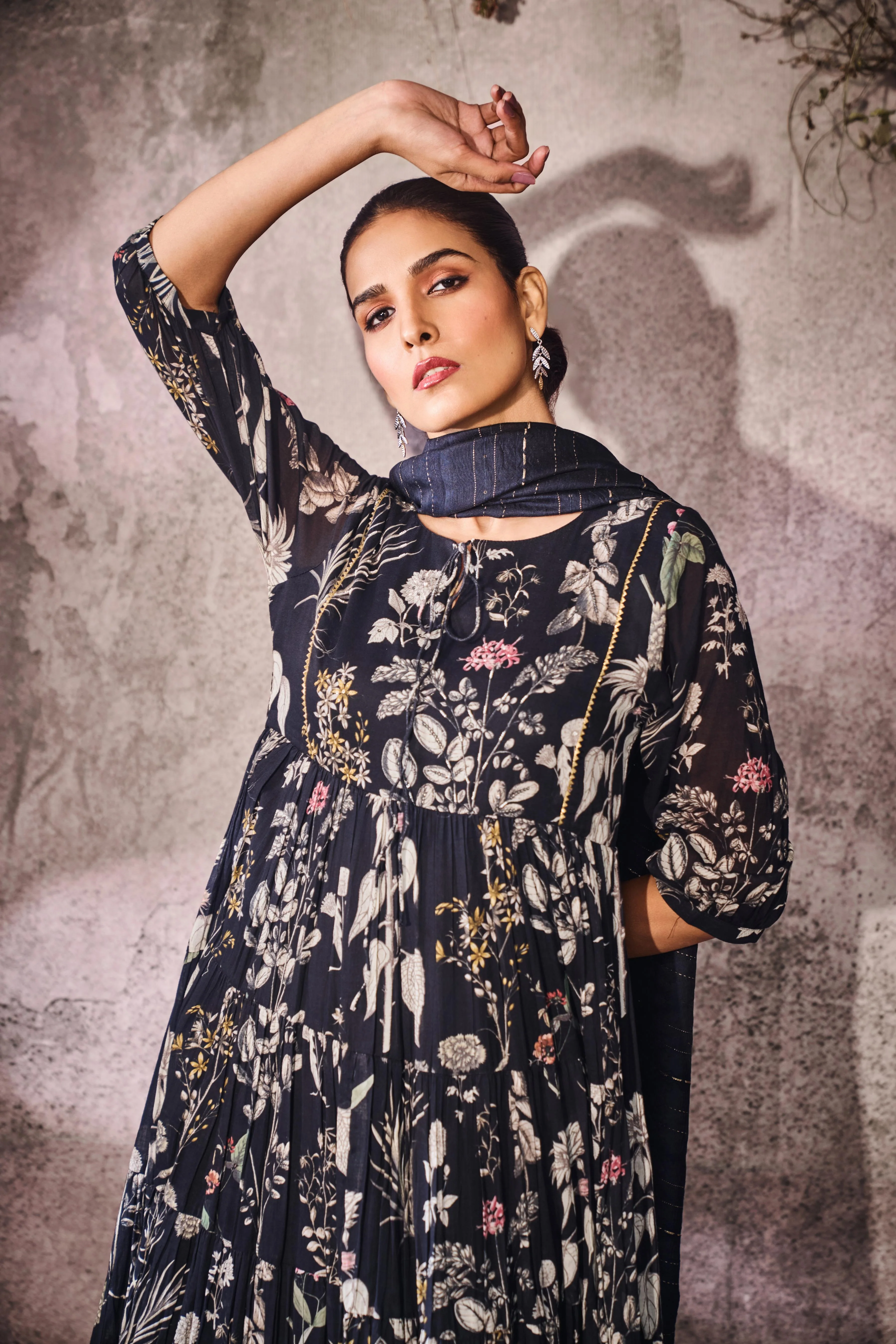 Deep Navy Blue Printed Cotton Mul Anarkali Set - Image 2