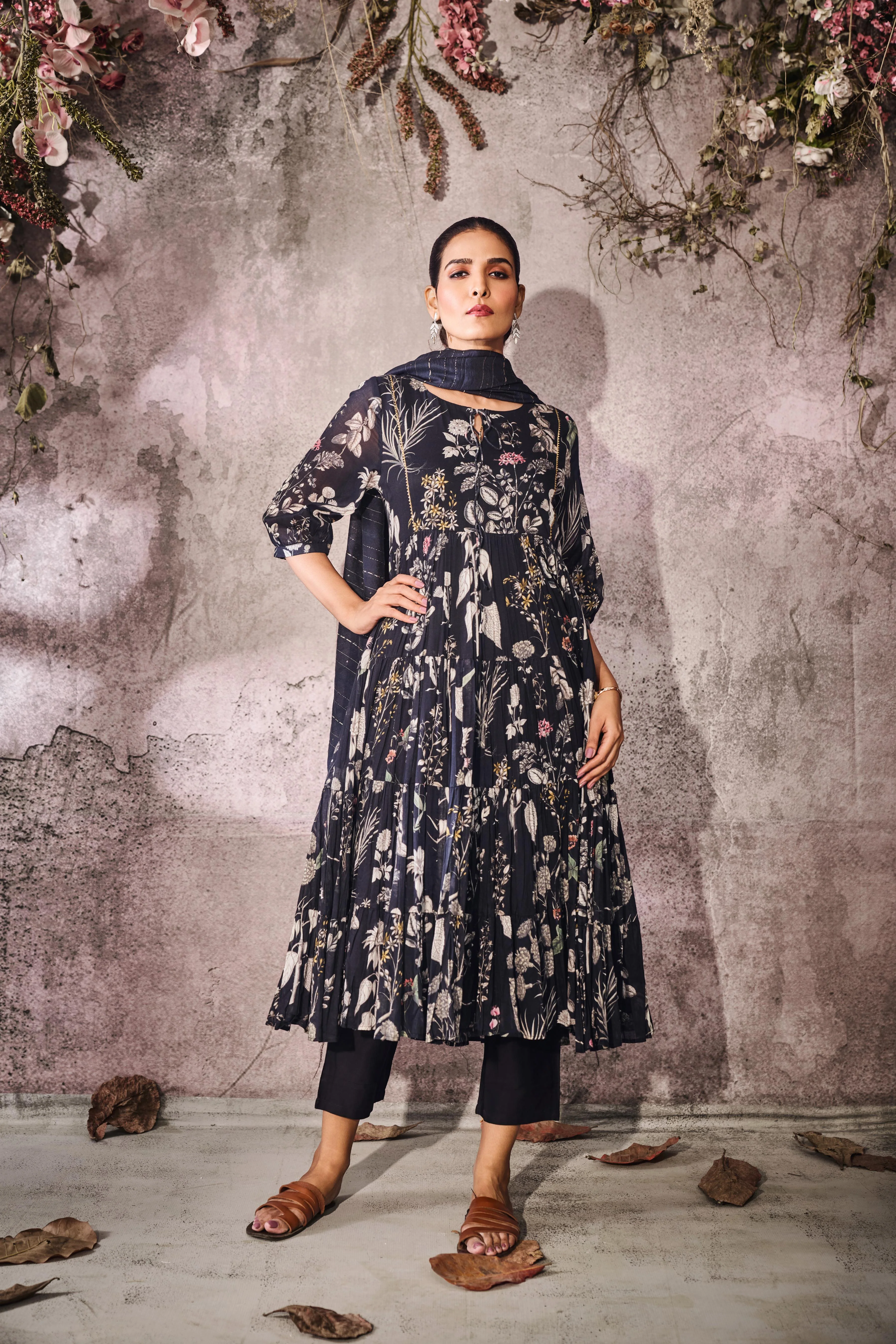 Deep Navy Blue Printed Cotton Mul Anarkali Set - Image 3