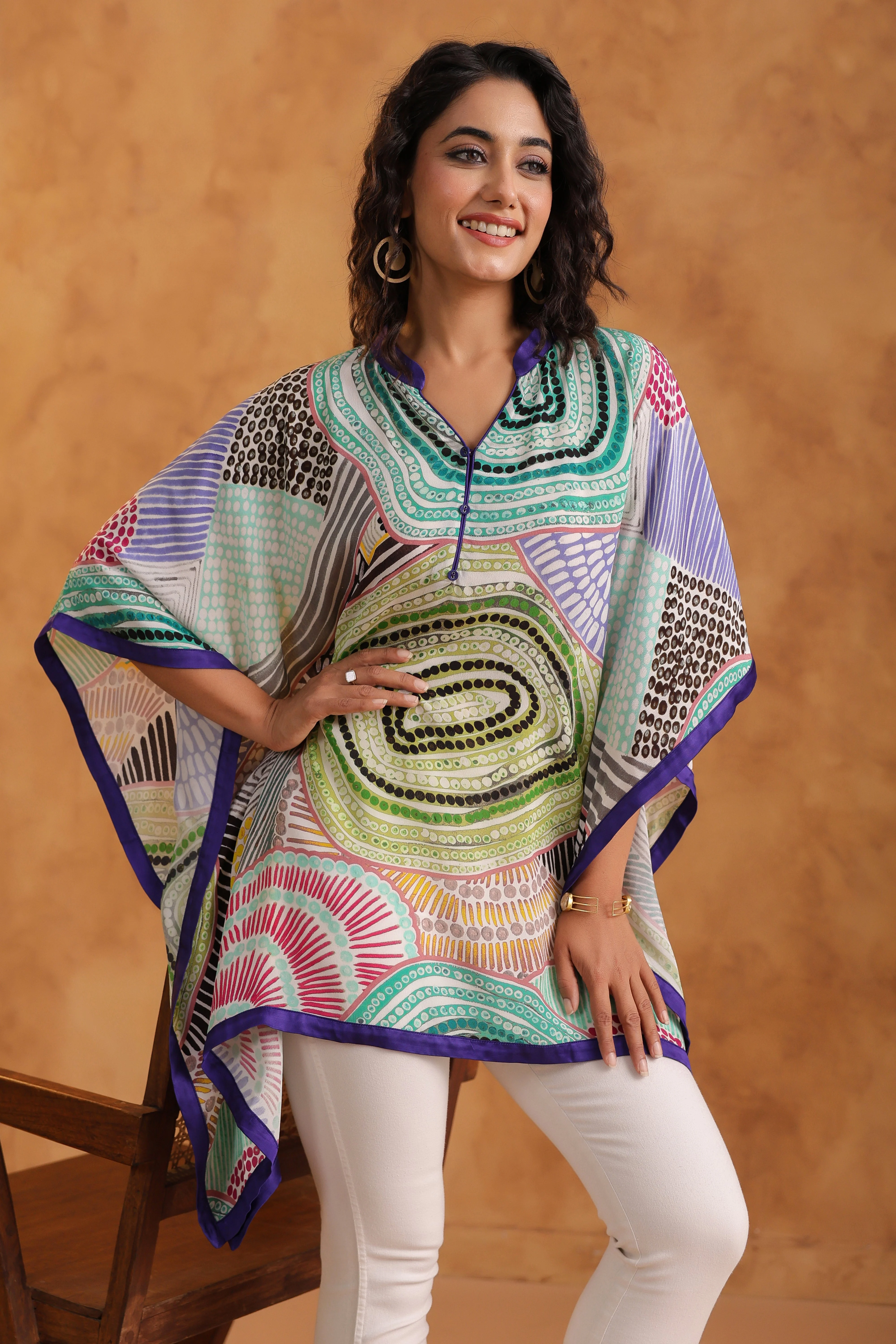 Multi-Color Printed Viscose Crepe Poncho Top - Image 3
