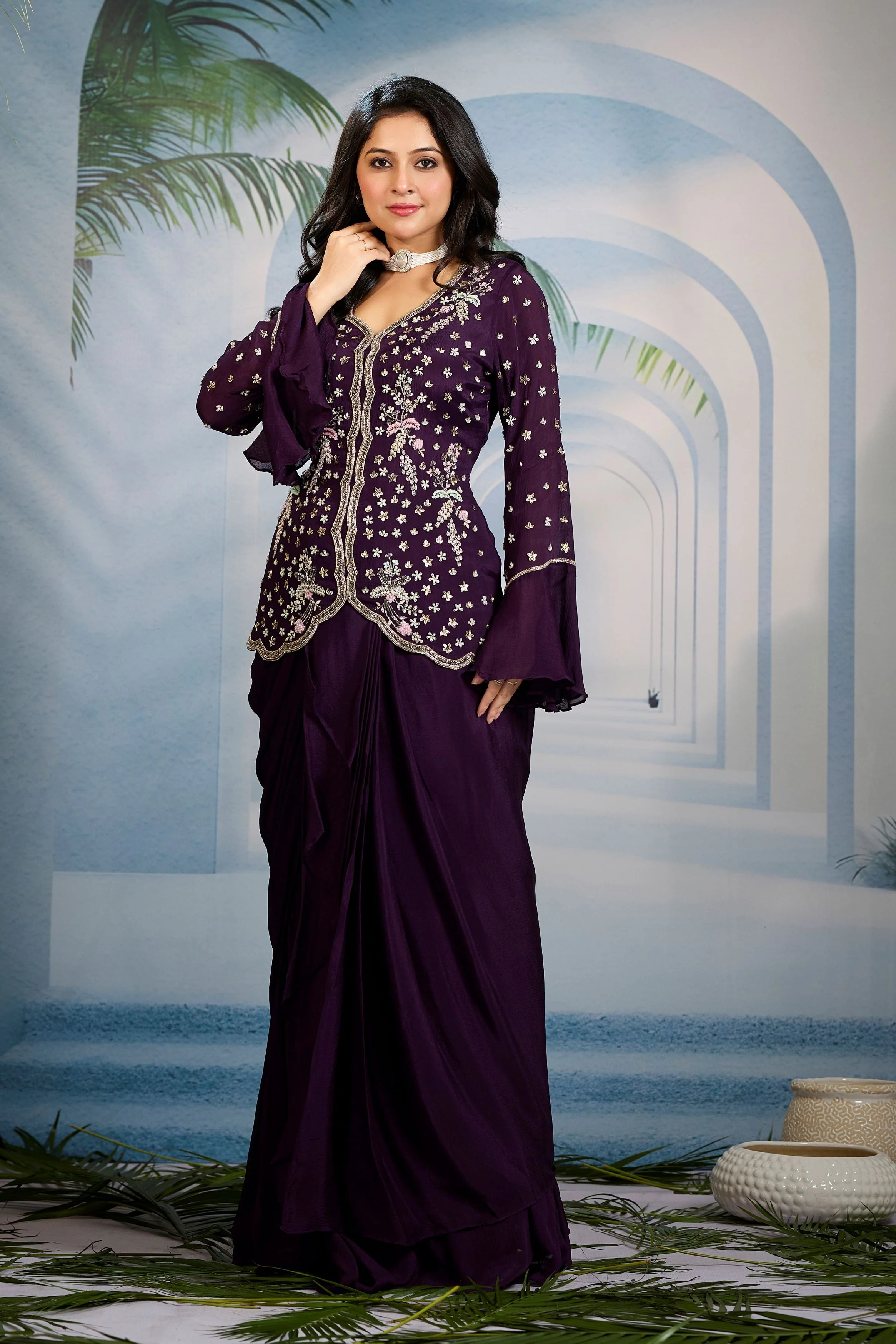 Deep Mauve Embellished Chinon Silk Skirt Set - Image 3