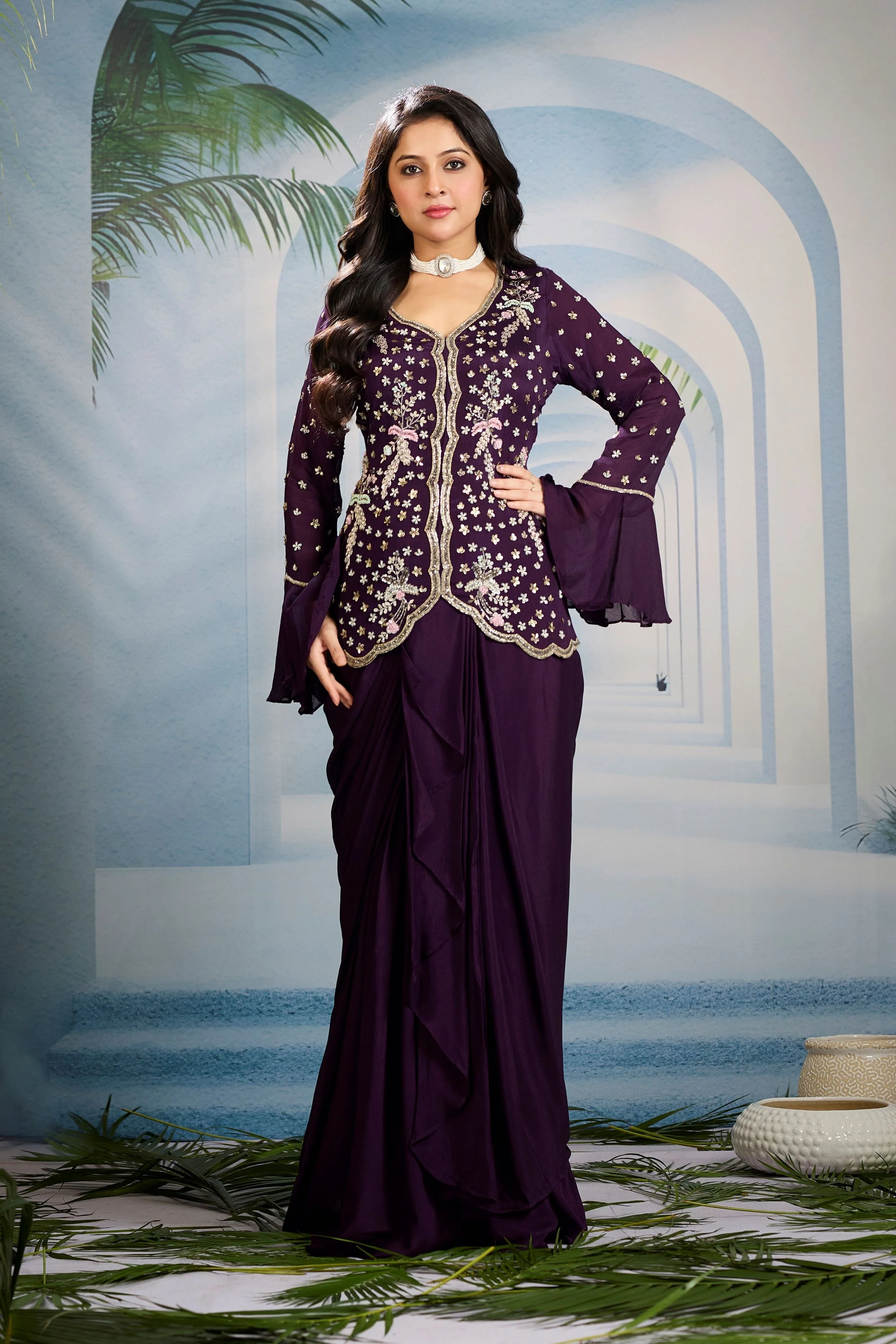 Deep Mauve Embellished Chinon Silk Skirt Set - Image 4