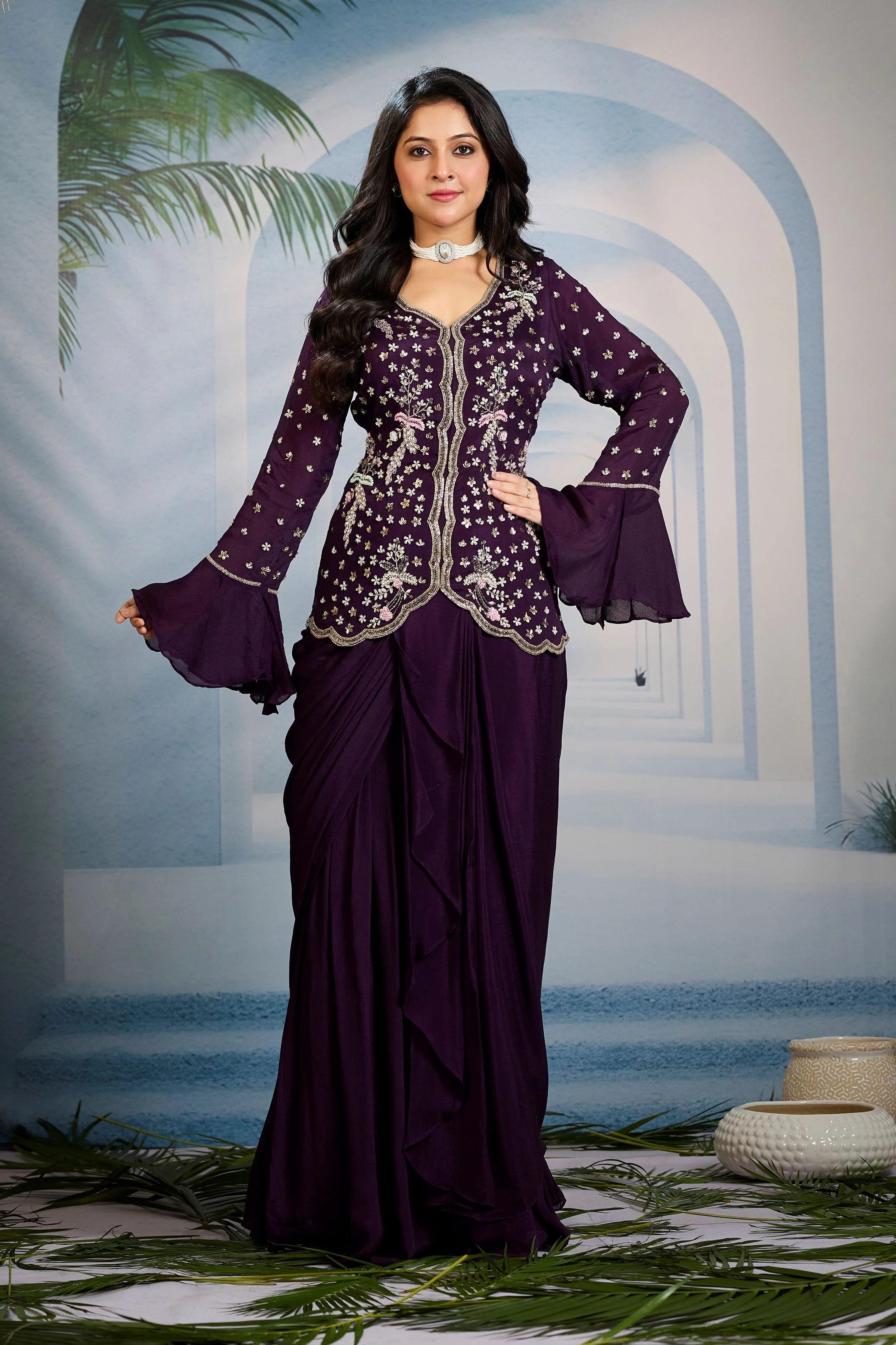 Deep Mauve Embellished Chinon Silk Skirt Set - Image 5