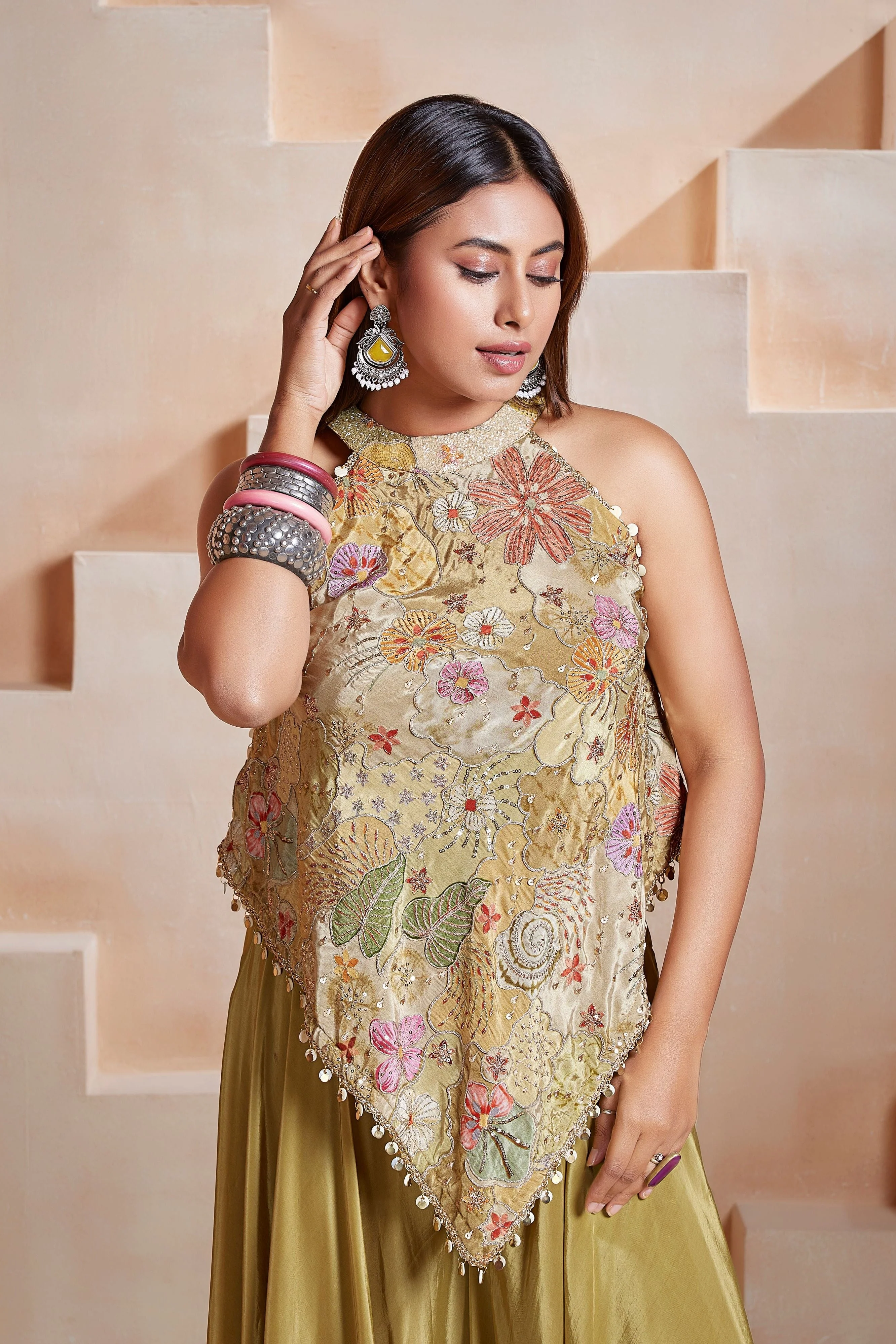 Olive Blossom Embellished Crepe Silk Palazzo Set - Image 2