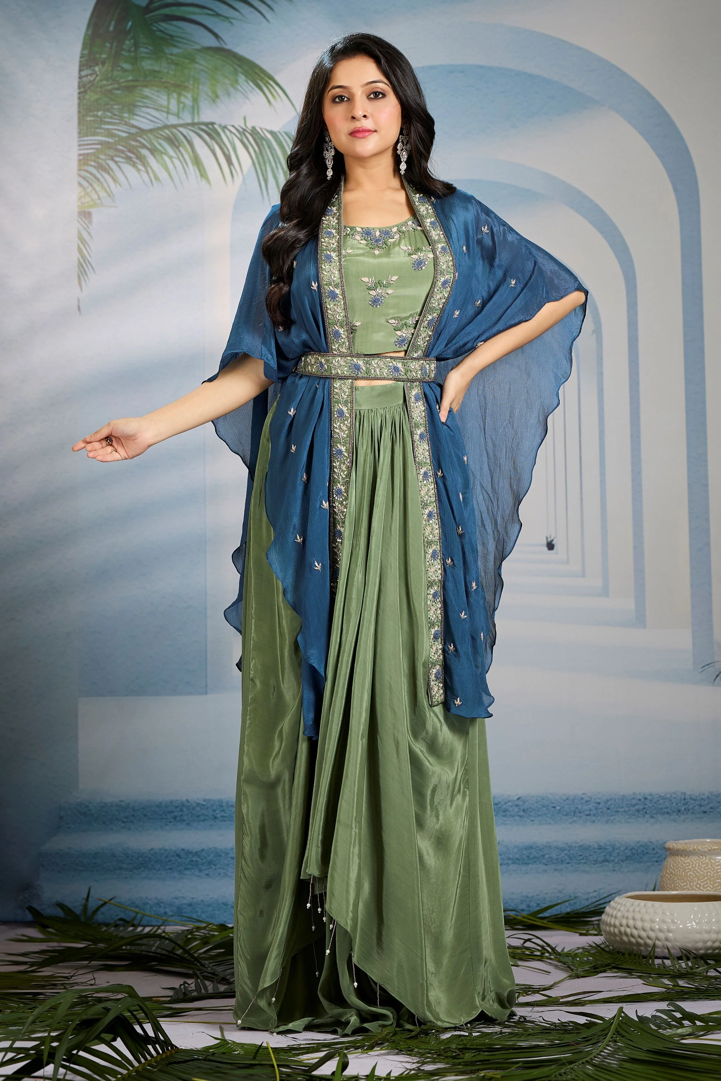 Olive Green Embellished Chinon Silk Cape Set - Image 3