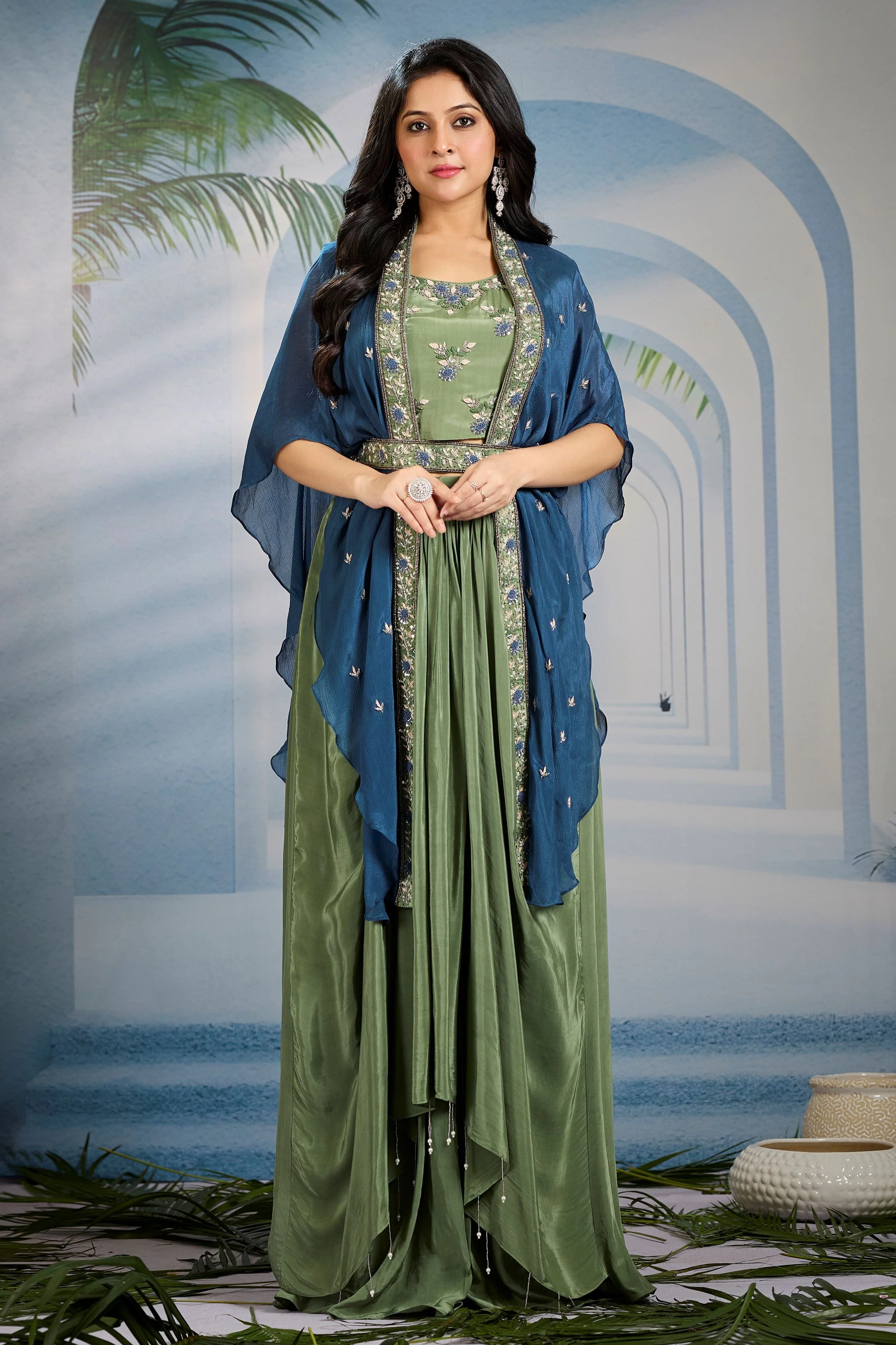 Olive Green Embellished Chinon Silk Cape Set - Image 4