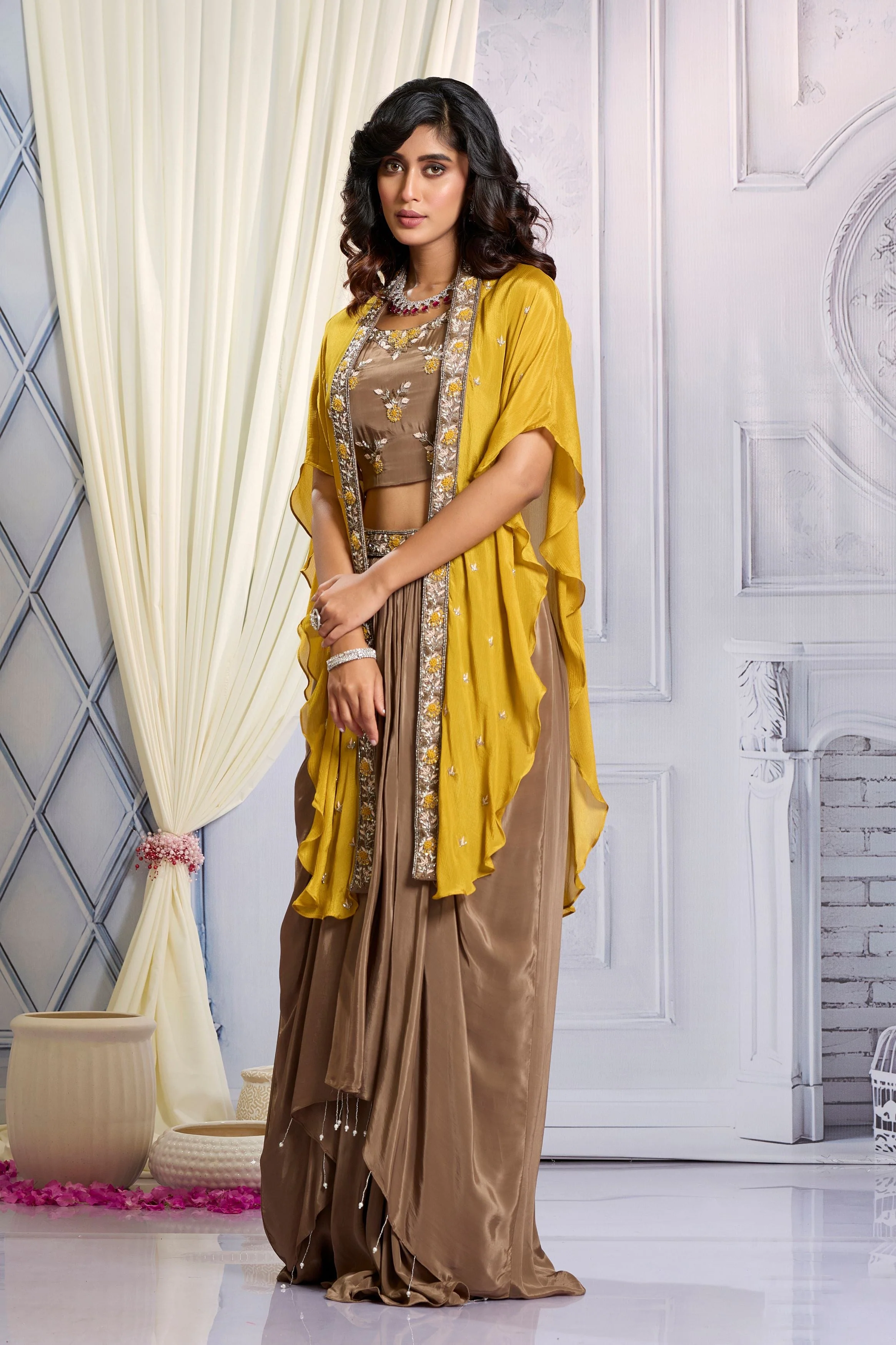 Metallic Bronze Embellished Chinon Silk Cape Set - Image 4