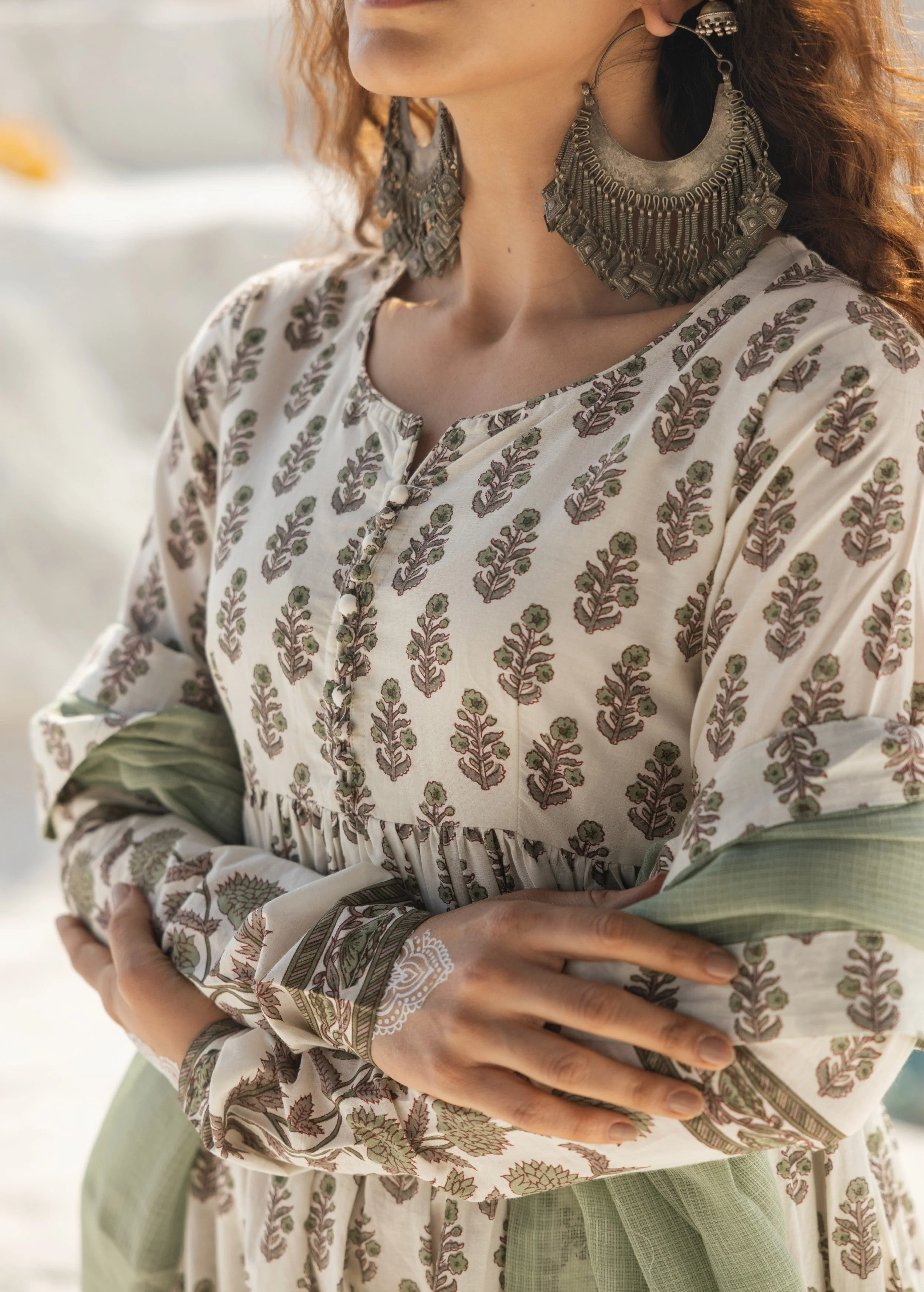 Cream and Olive Printed Organic Cotton Anarkali Set - Image 2