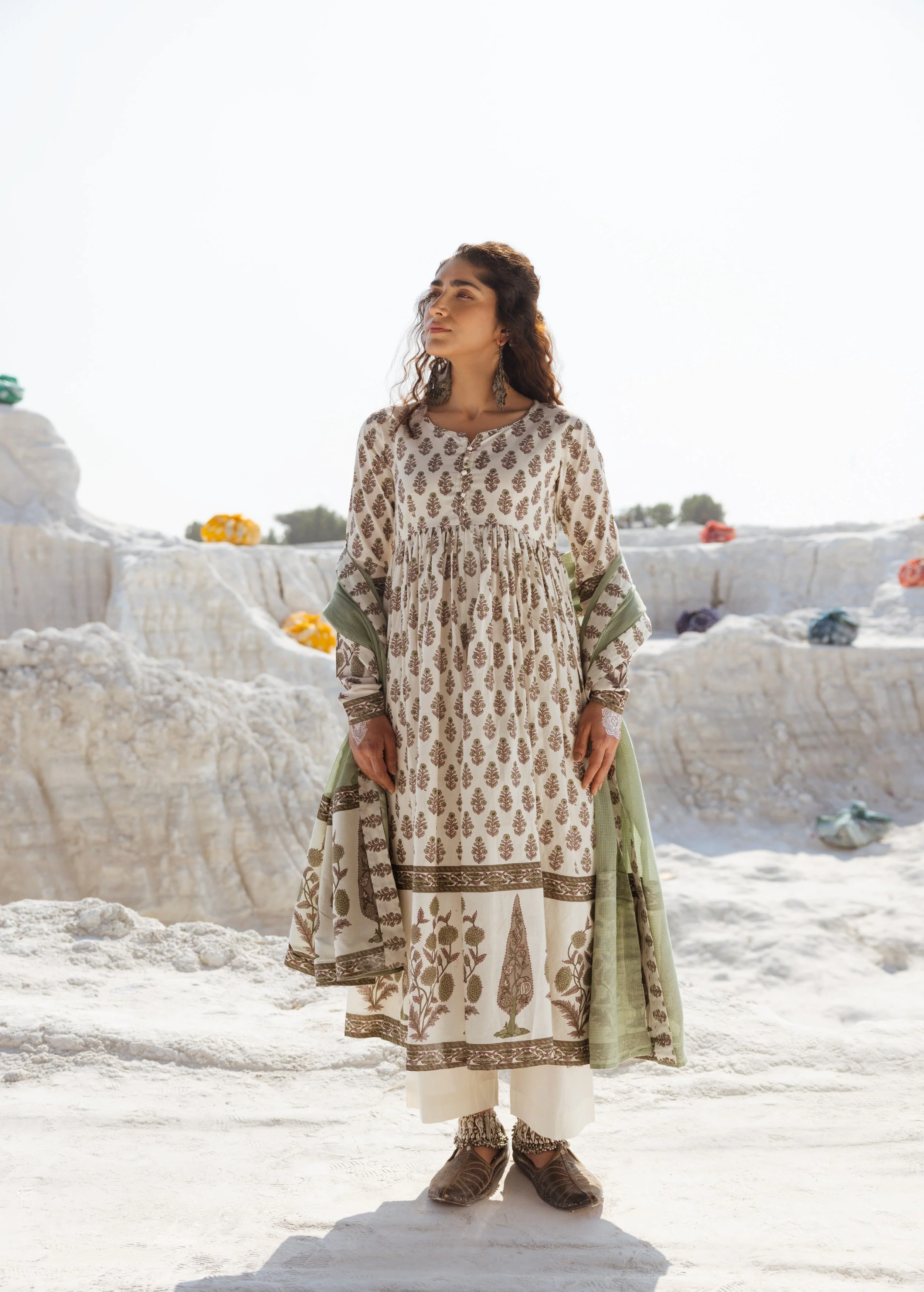 Cream and Olive Printed Organic Cotton Anarkali Set - Image 3