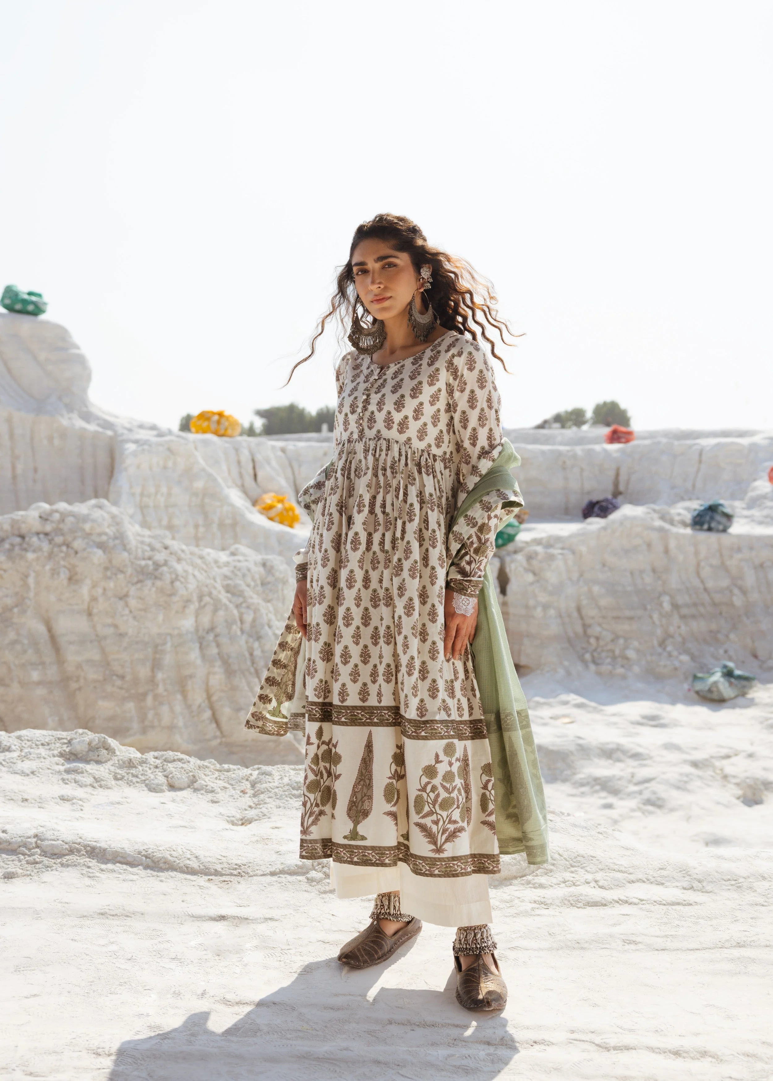 Cream and Olive Printed Organic Cotton Anarkali Set - Image 4