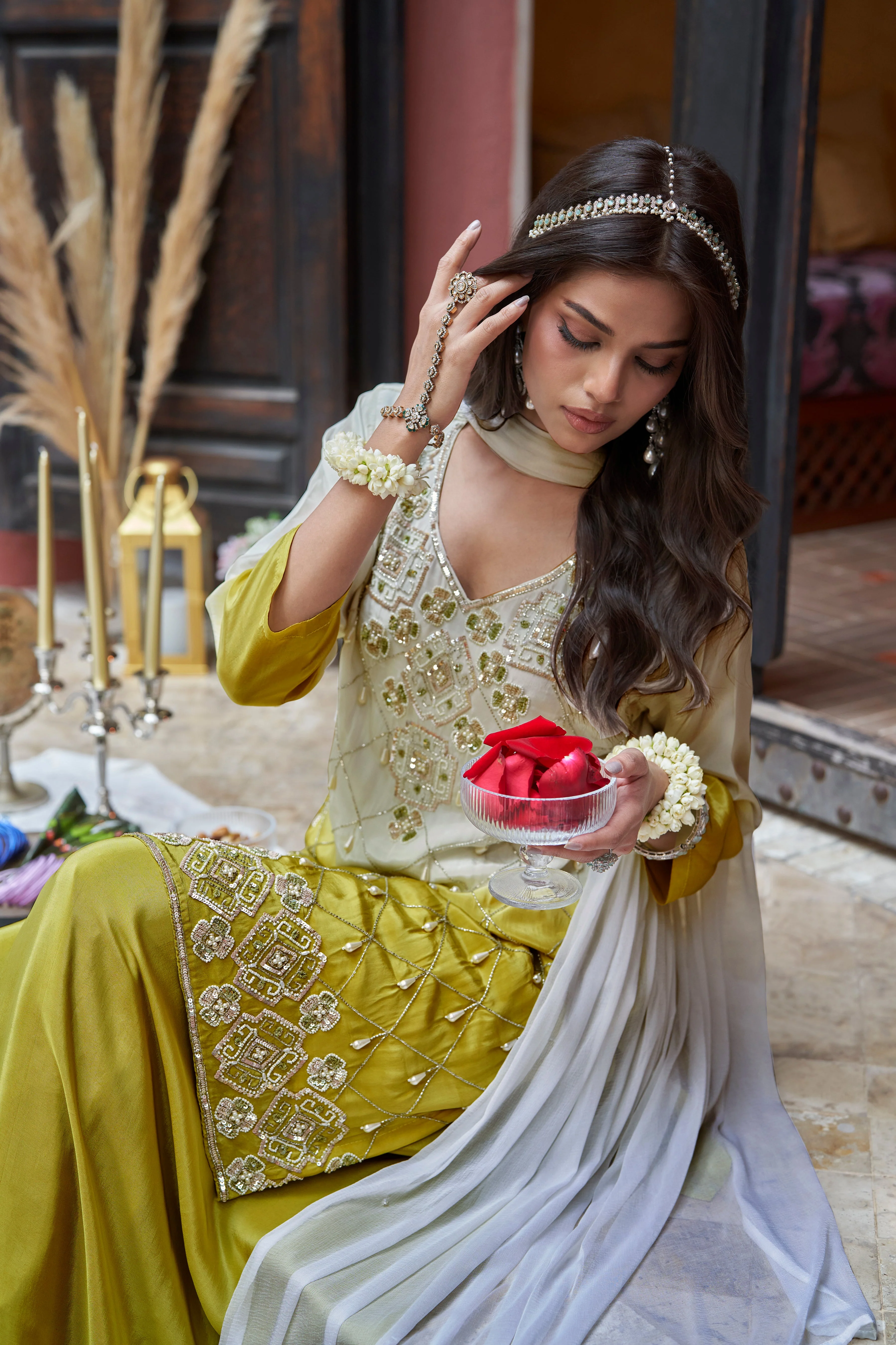 Olive Green Embellished Satin Silk Palazzo Set - Image 2