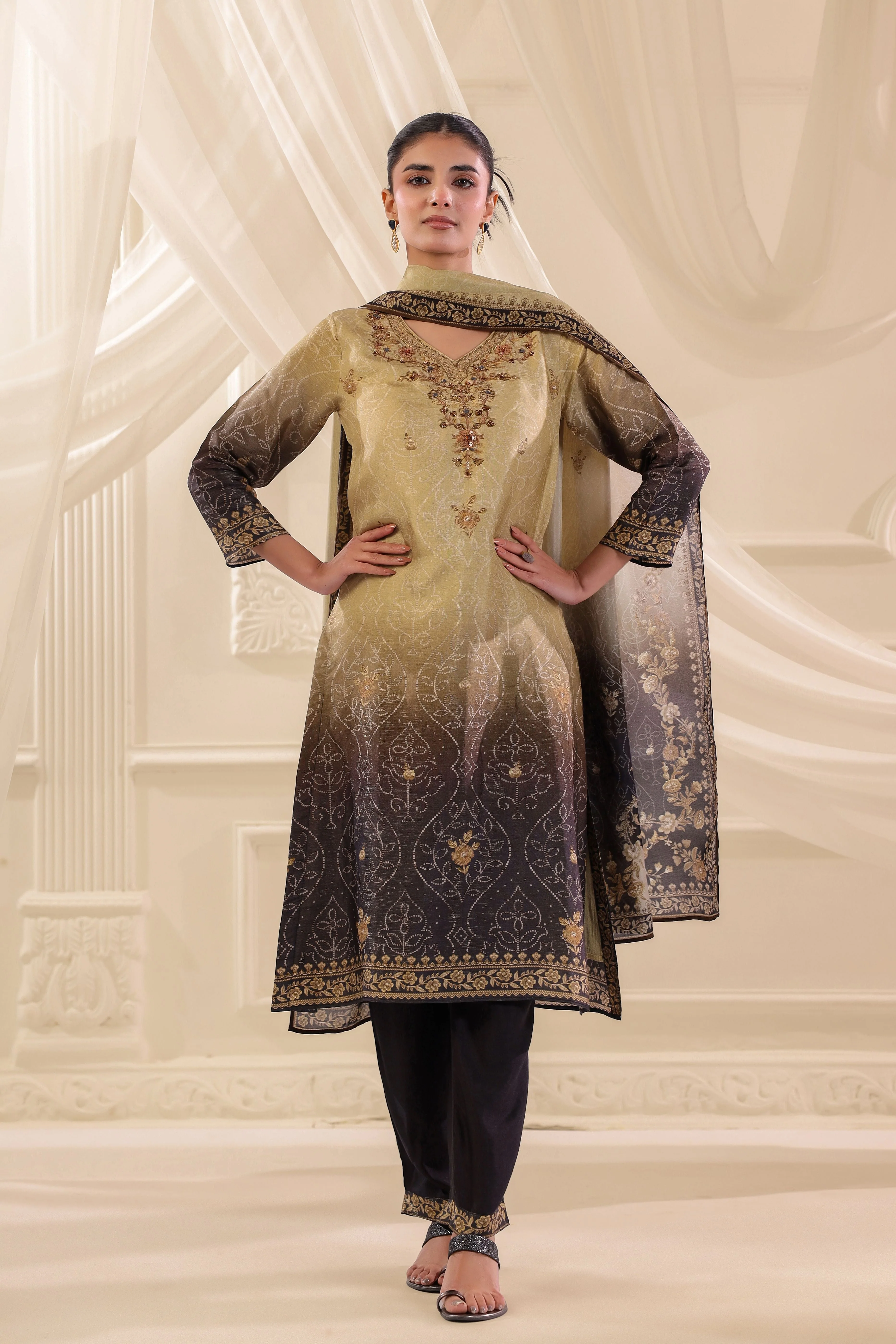 Olive Gold Ombre Printed Dola Silk Pant Set - Image 3
