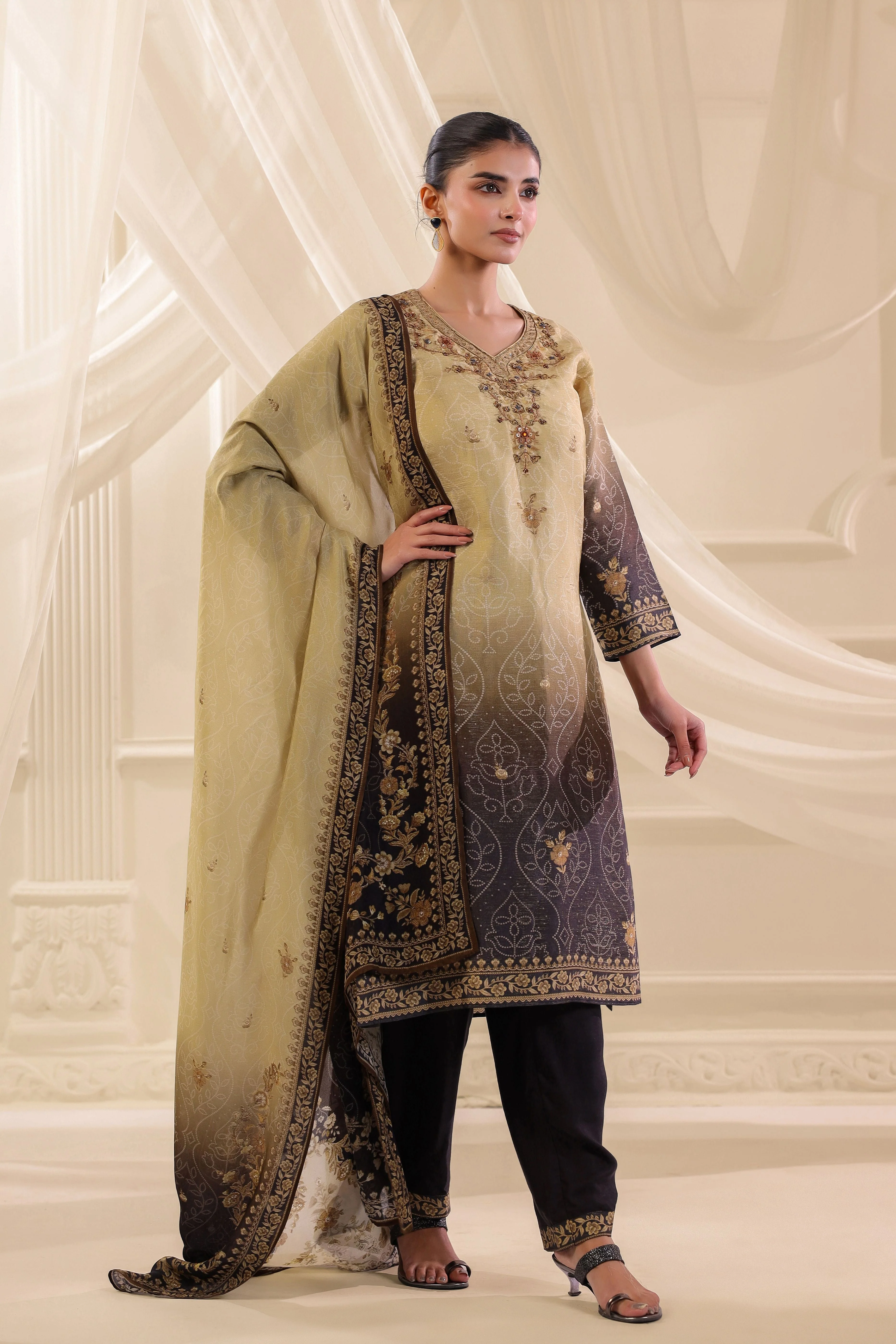 Olive Gold Ombre Printed Dola Silk Pant Set - Image 4