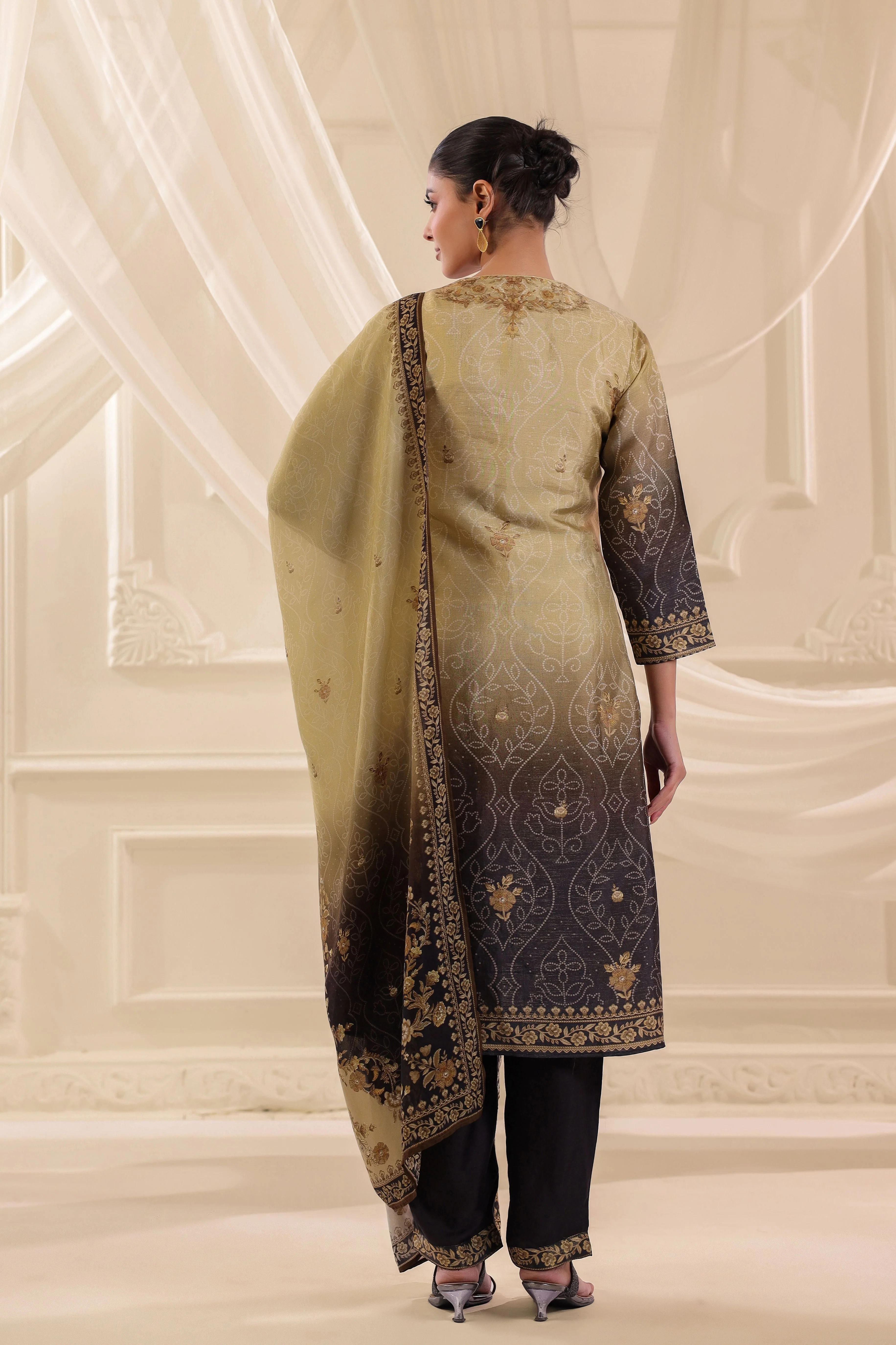 Olive Gold Ombre Printed Dola Silk Pant Set - Image 5