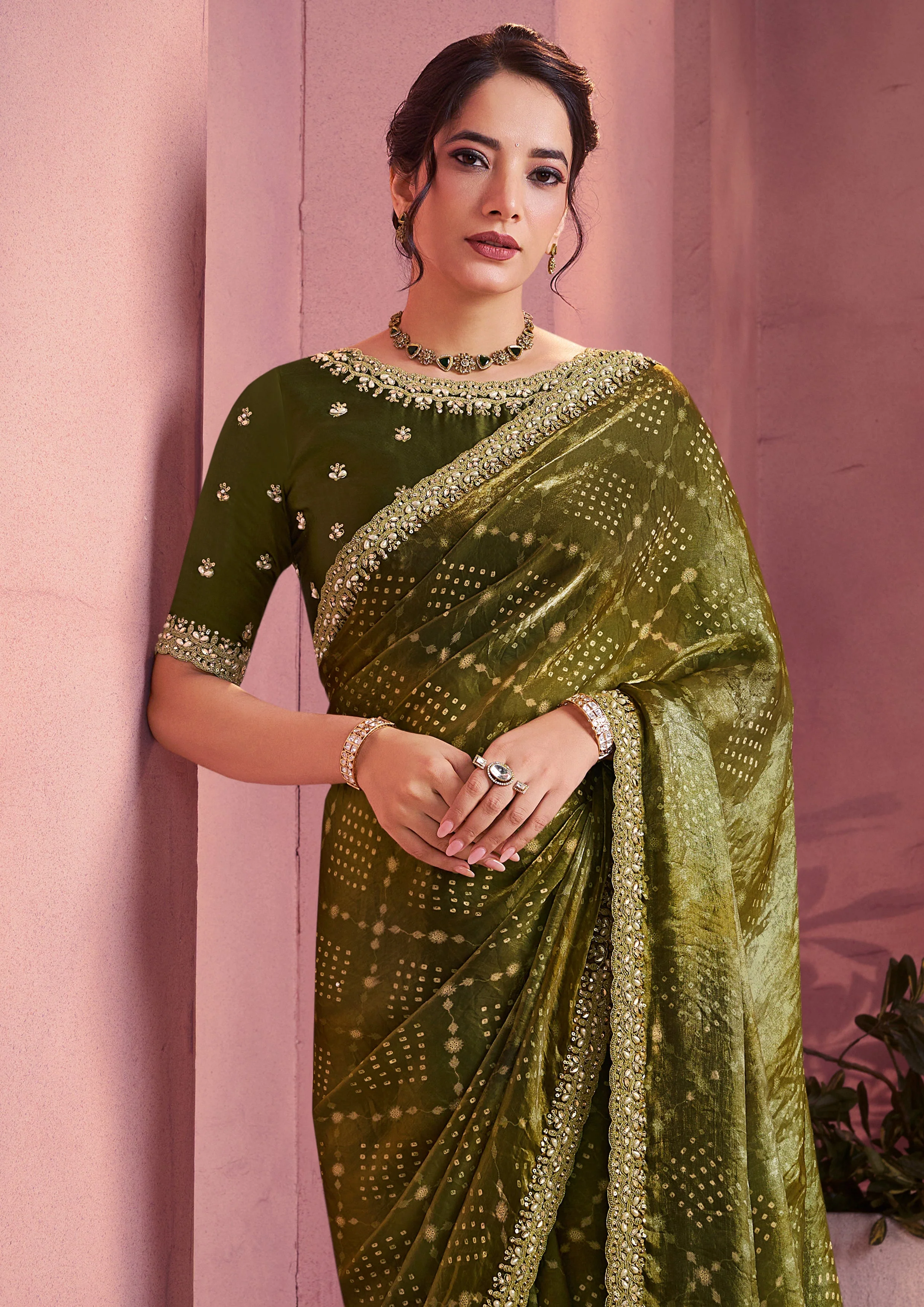 Olive Green Bandhani Printed Satin Silk Saree - Image 2