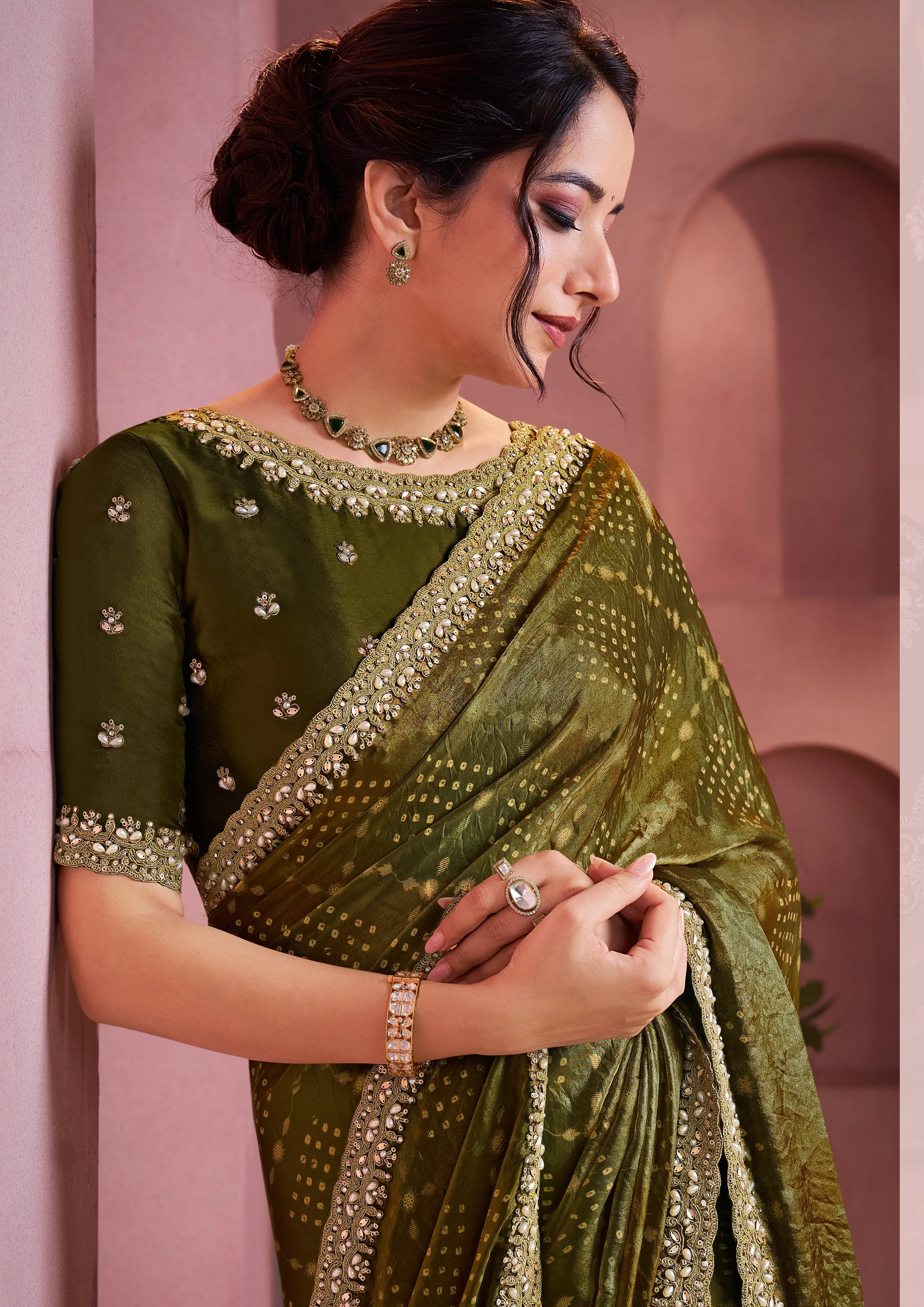 Olive Green Bandhani Printed Satin Silk Saree - Image 3