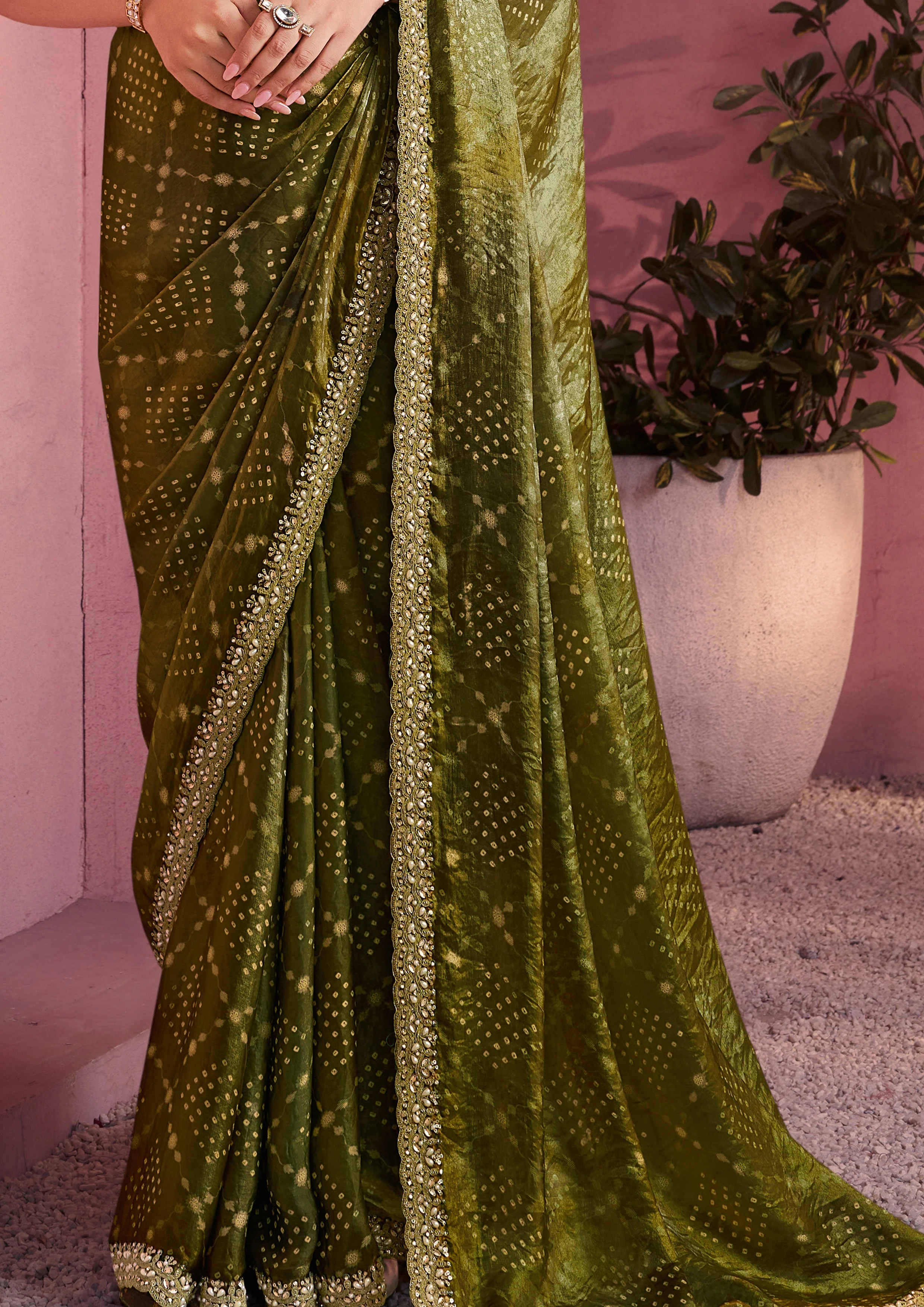 Olive Green Bandhani Printed Satin Silk Saree - Image 4