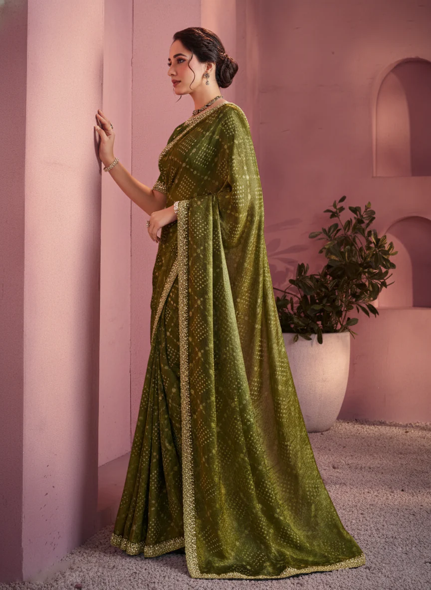 Olive Green Bandhani Printed Satin Silk Saree - Image 5