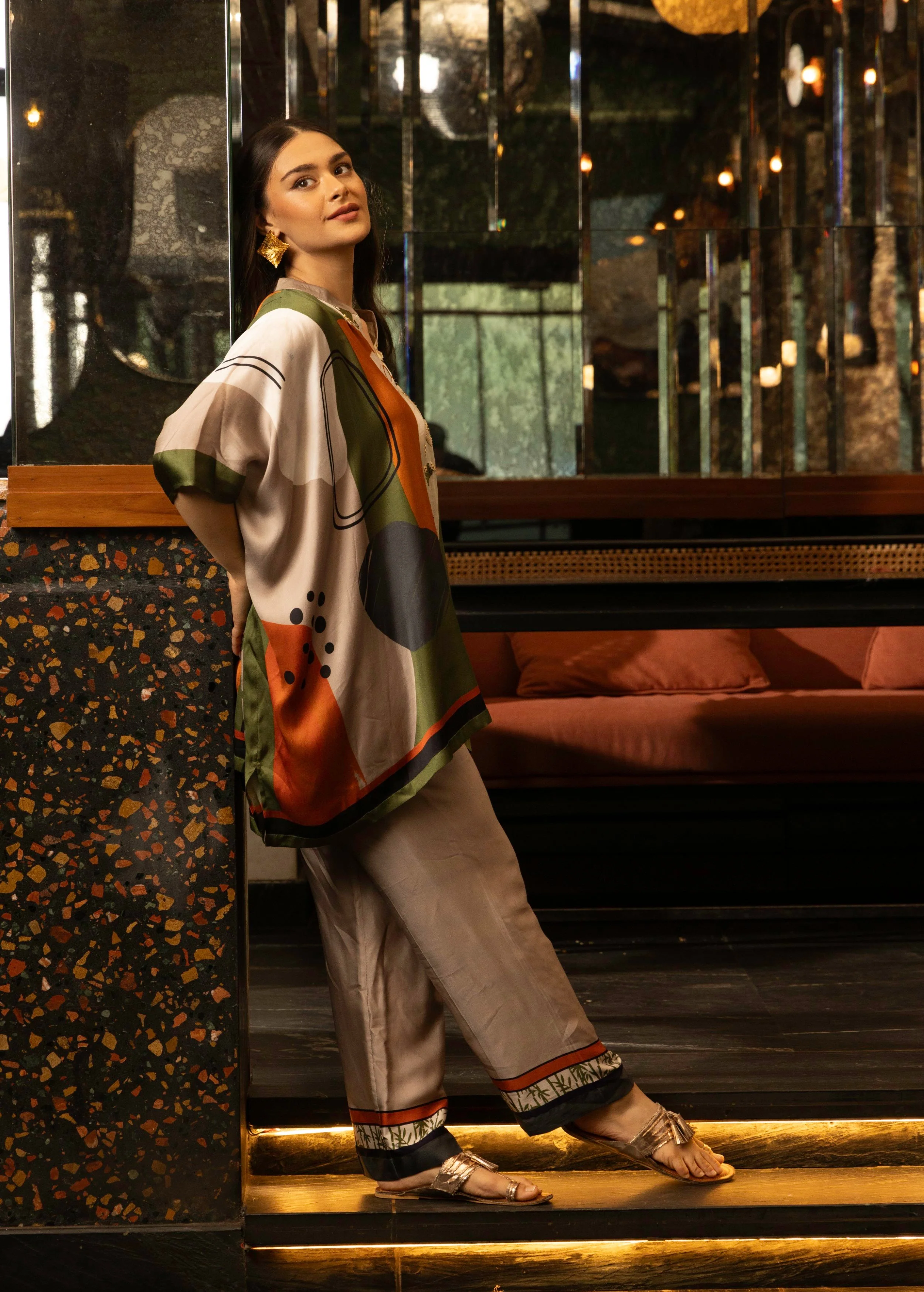 Olive Green Abstract Print Satin Silk Kaftan Set - Image 2