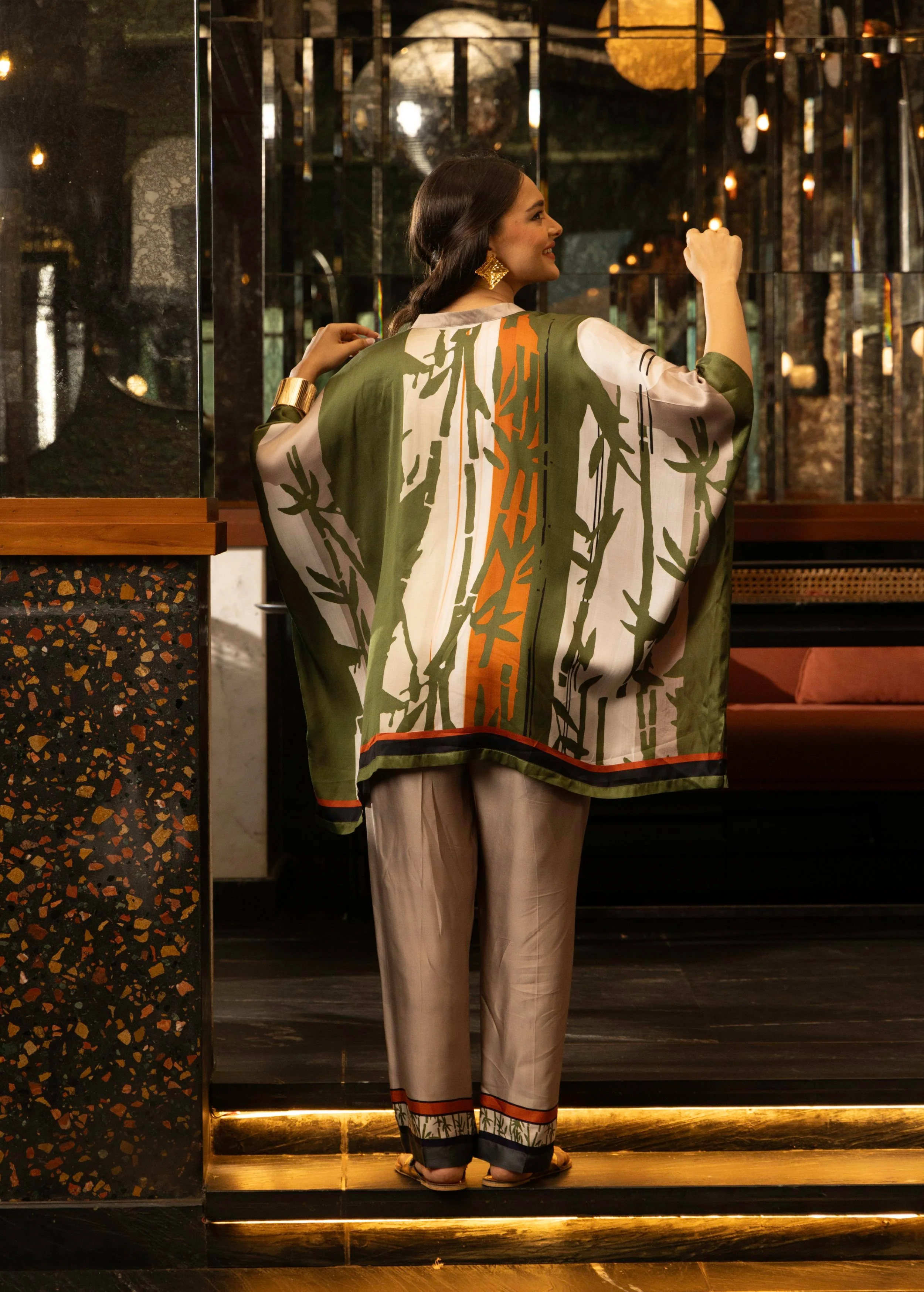 Olive Green Abstract Print Satin Silk Kaftan Set - Image 3