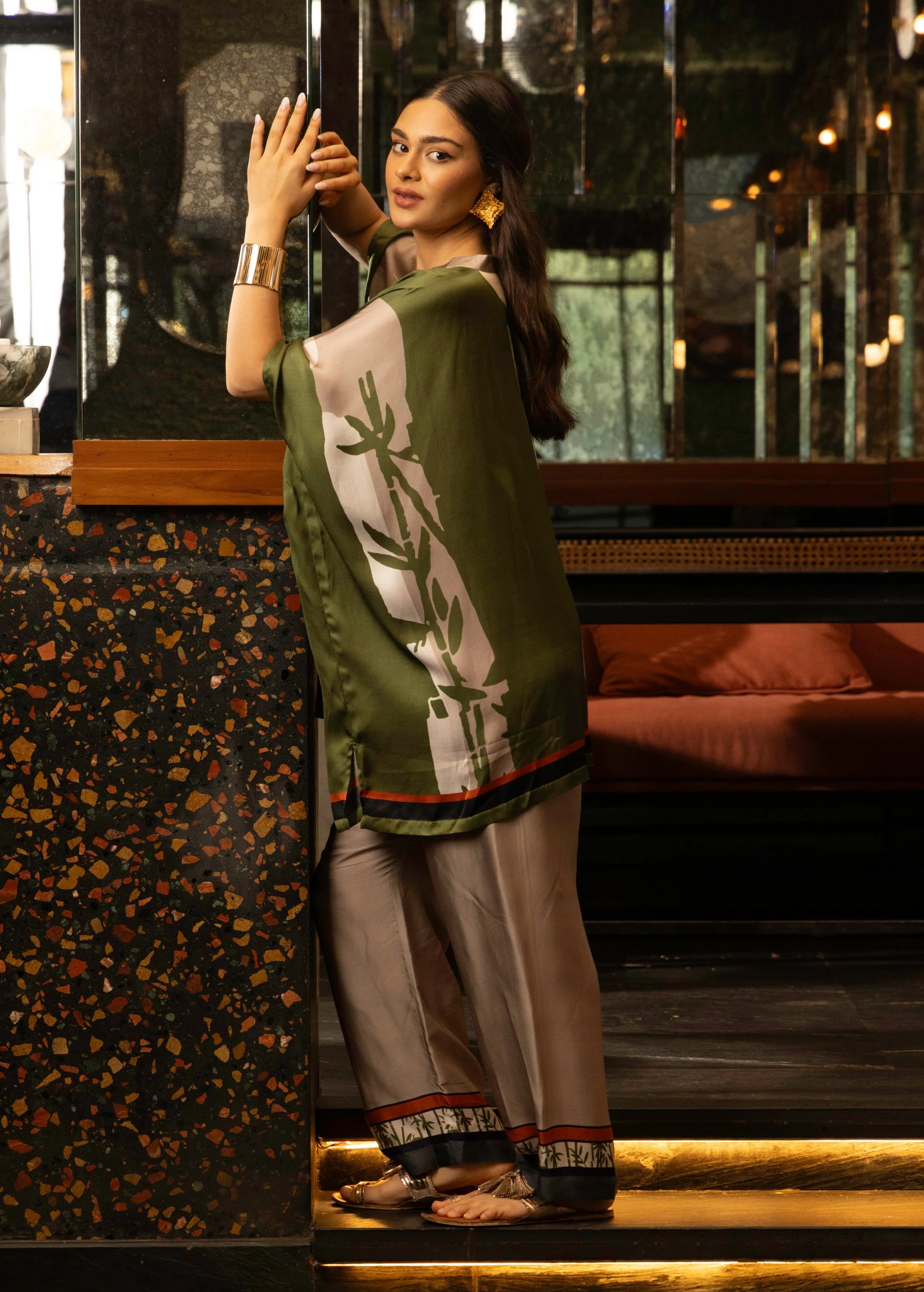 Olive Green Abstract Print Satin Silk Kaftan Set - Image 4
