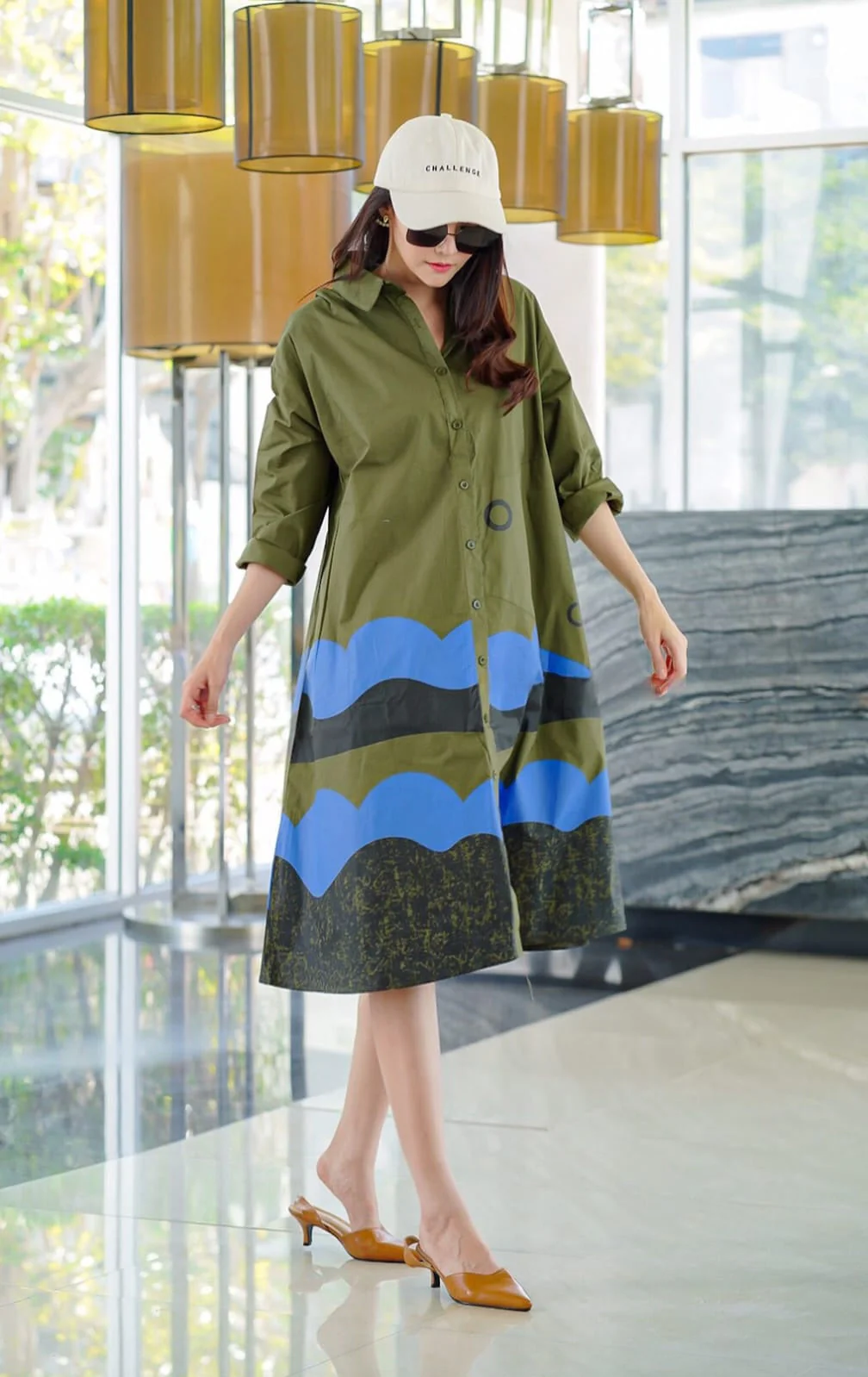 Olive Green Abstract Printed Tunic Dress - Image 3