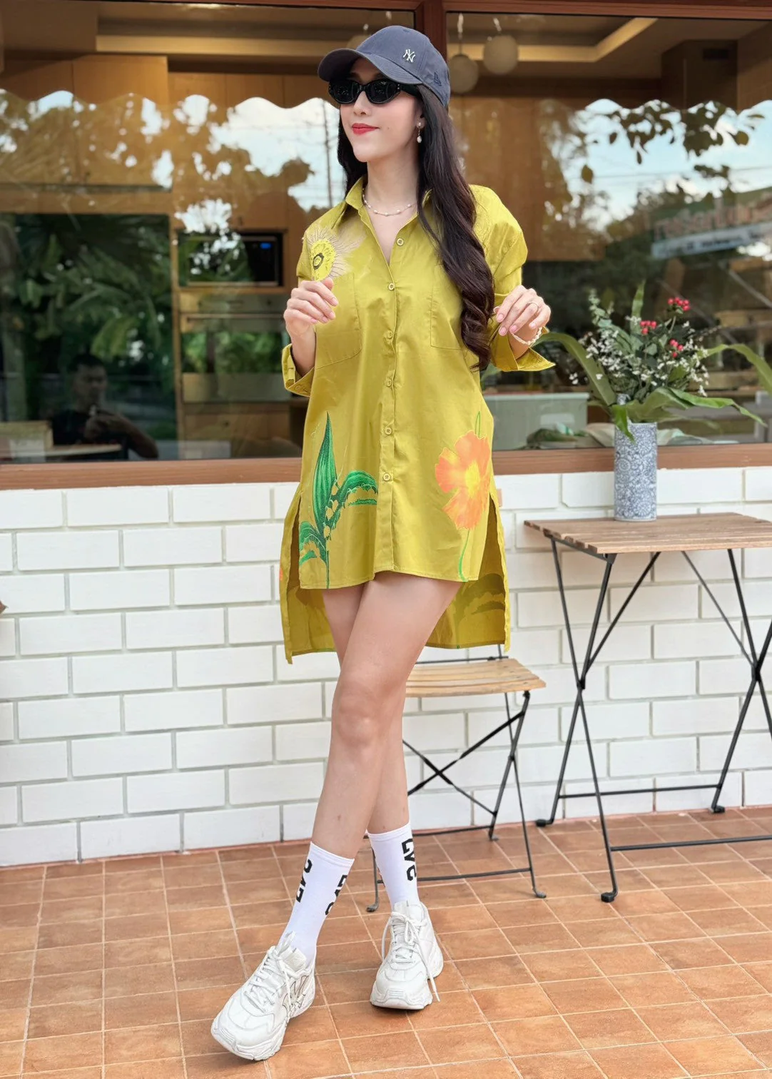 Olive Mustard Botanical Printed Cotton Shirt Dress