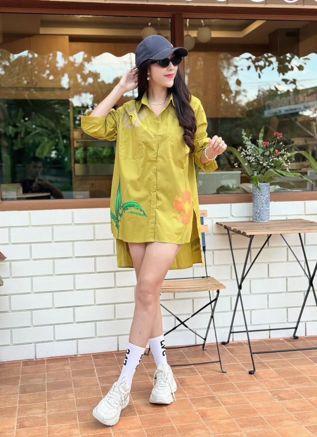 Olive Mustard Botanical Printed Cotton Shirt Dress - Image 2