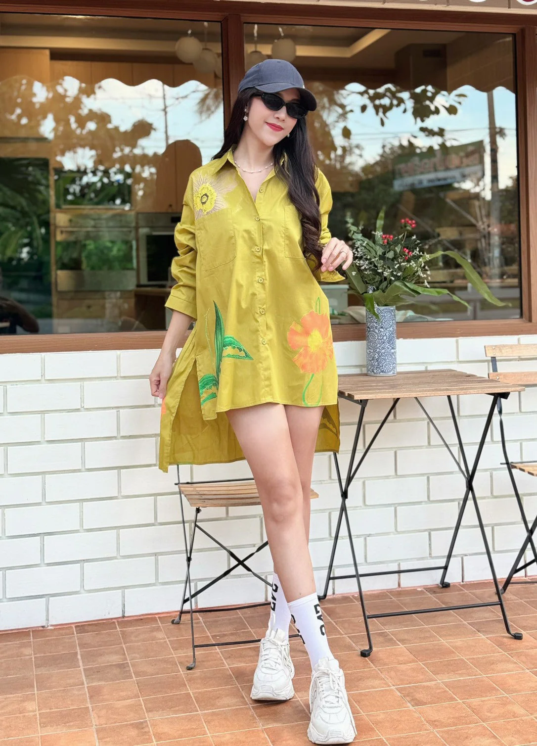 Olive Mustard Botanical Printed Cotton Shirt Dress - Image 3