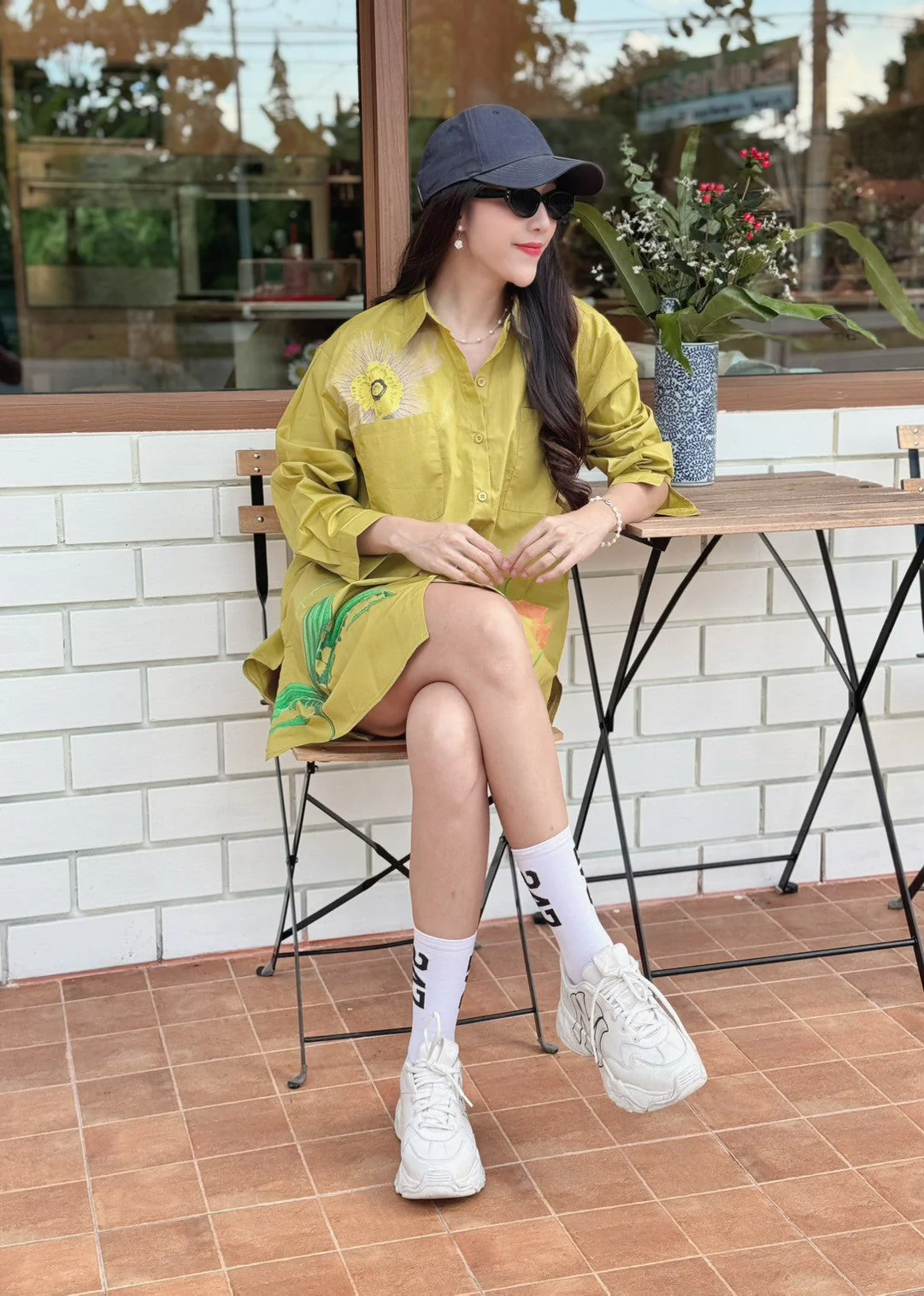 Olive Mustard Botanical Printed Cotton Shirt Dress - Image 4
