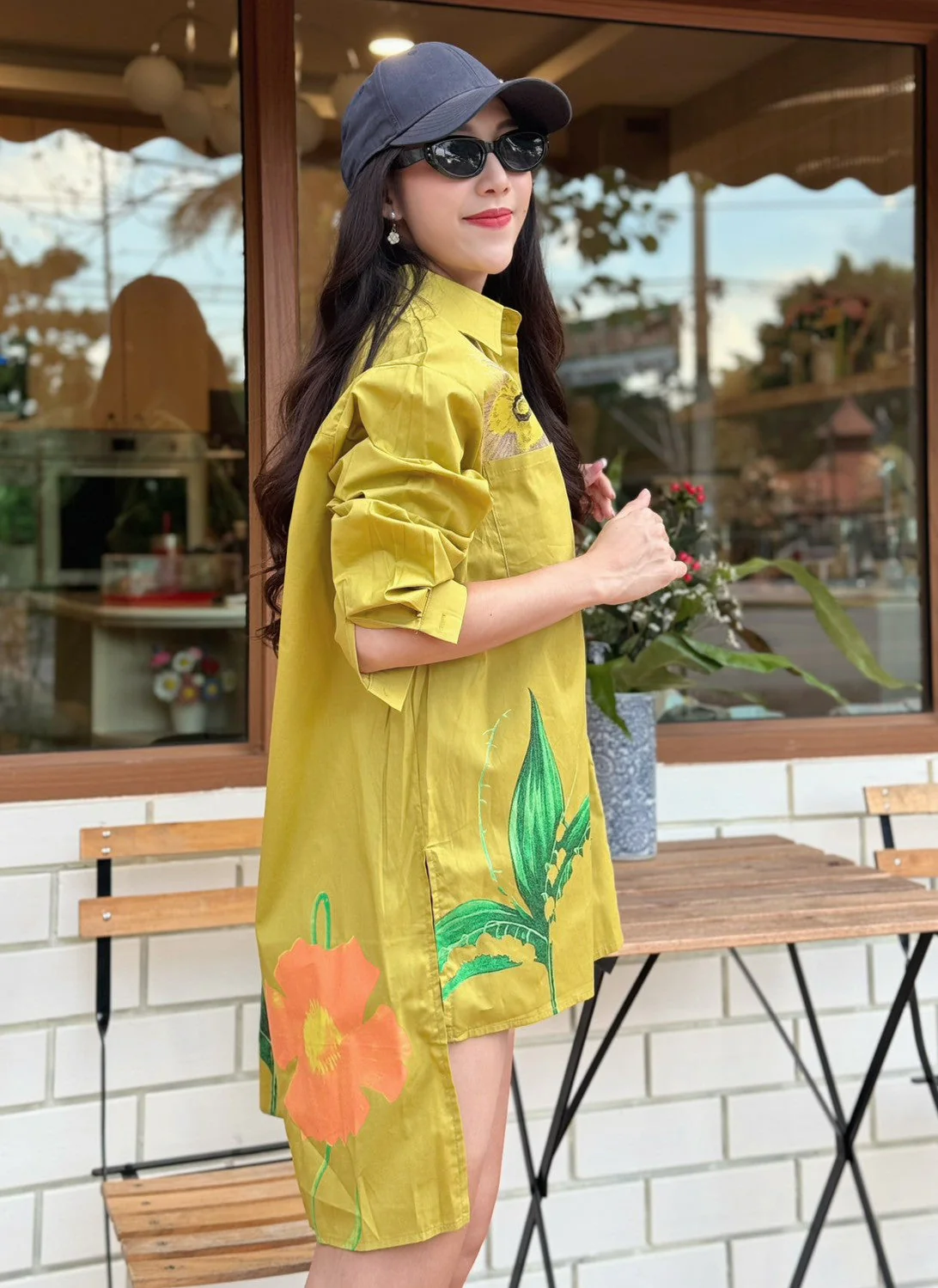 Olive Mustard Botanical Printed Cotton Shirt Dress - Image 5