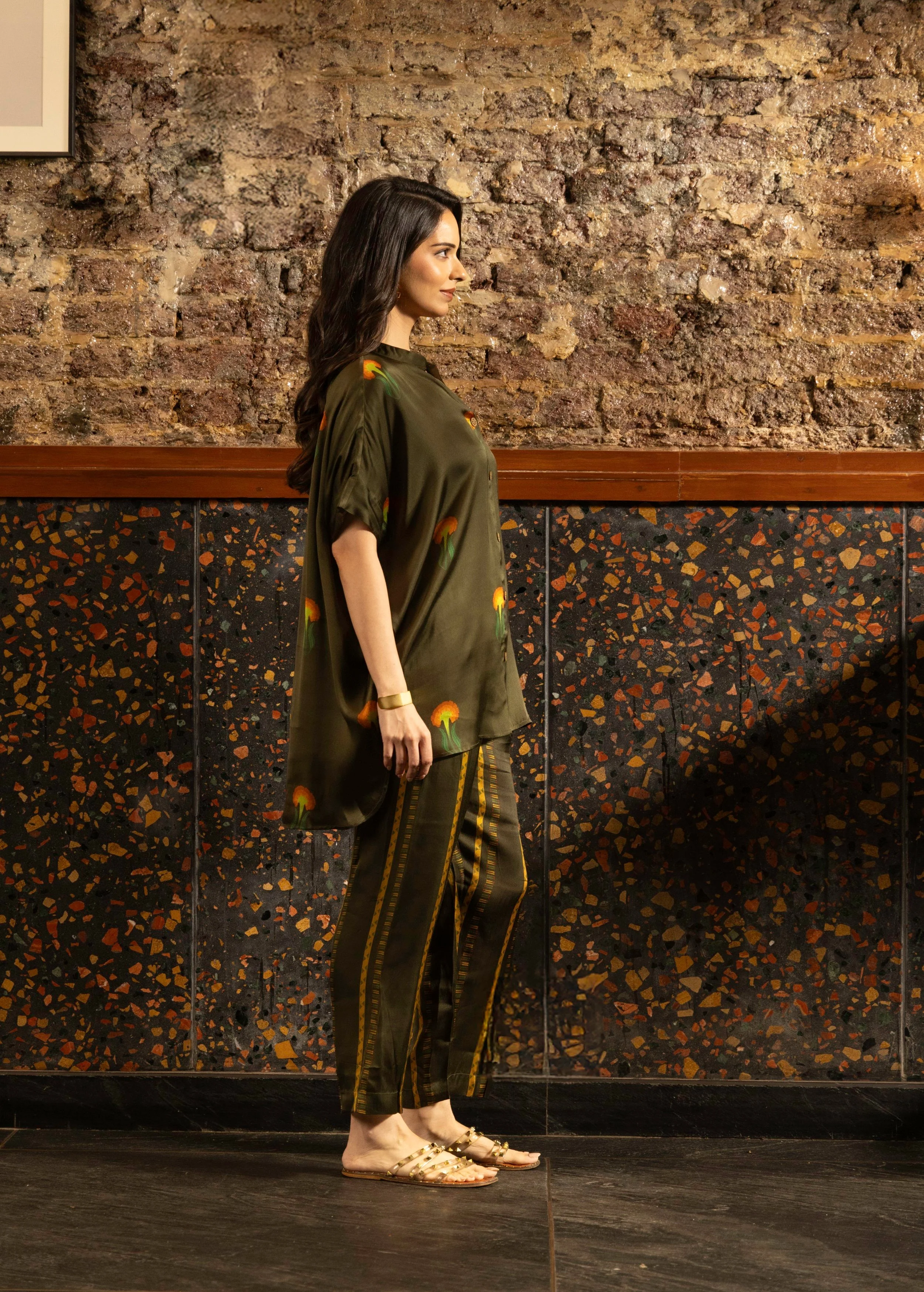 Olive Green Botnical Printed Satin Silk Co-Ord Set - Image 2