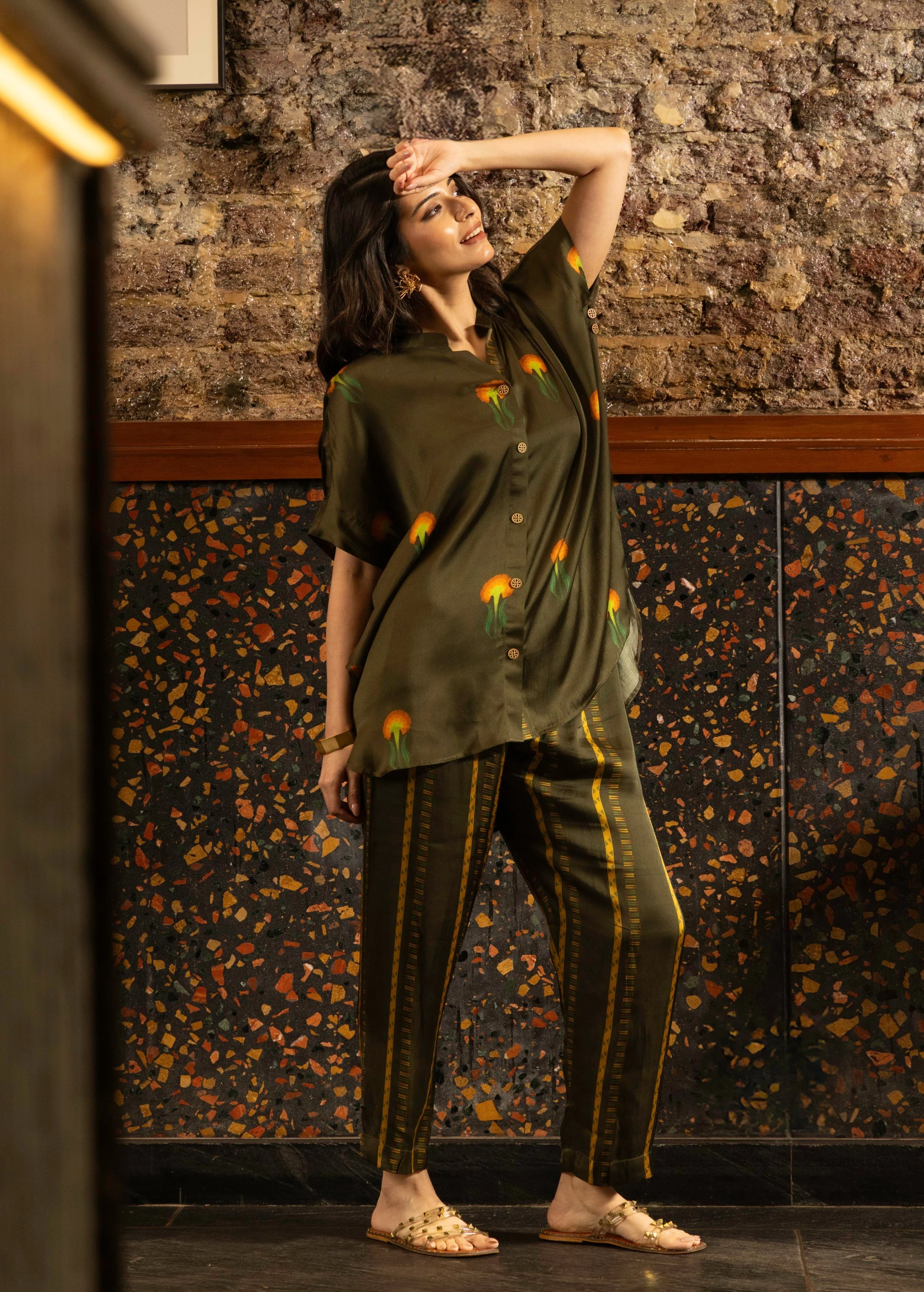 Olive Green Botnical Printed Satin Silk Co-Ord Set - Image 3