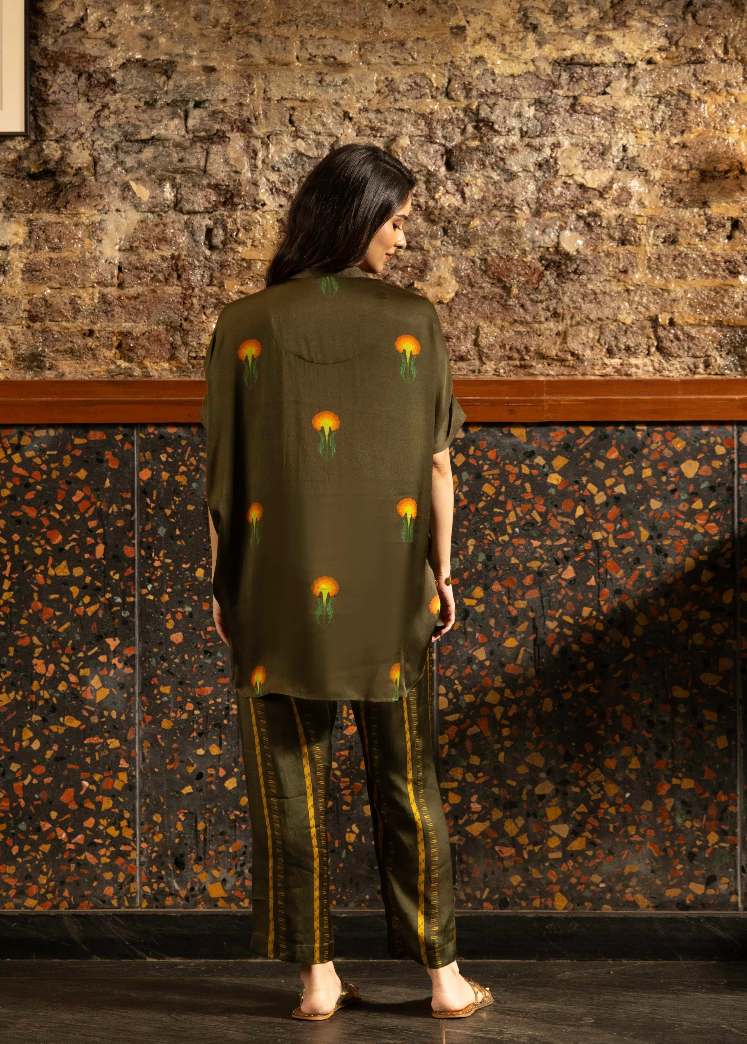 Olive Green Botnical Printed Satin Silk Co-Ord Set - Image 4