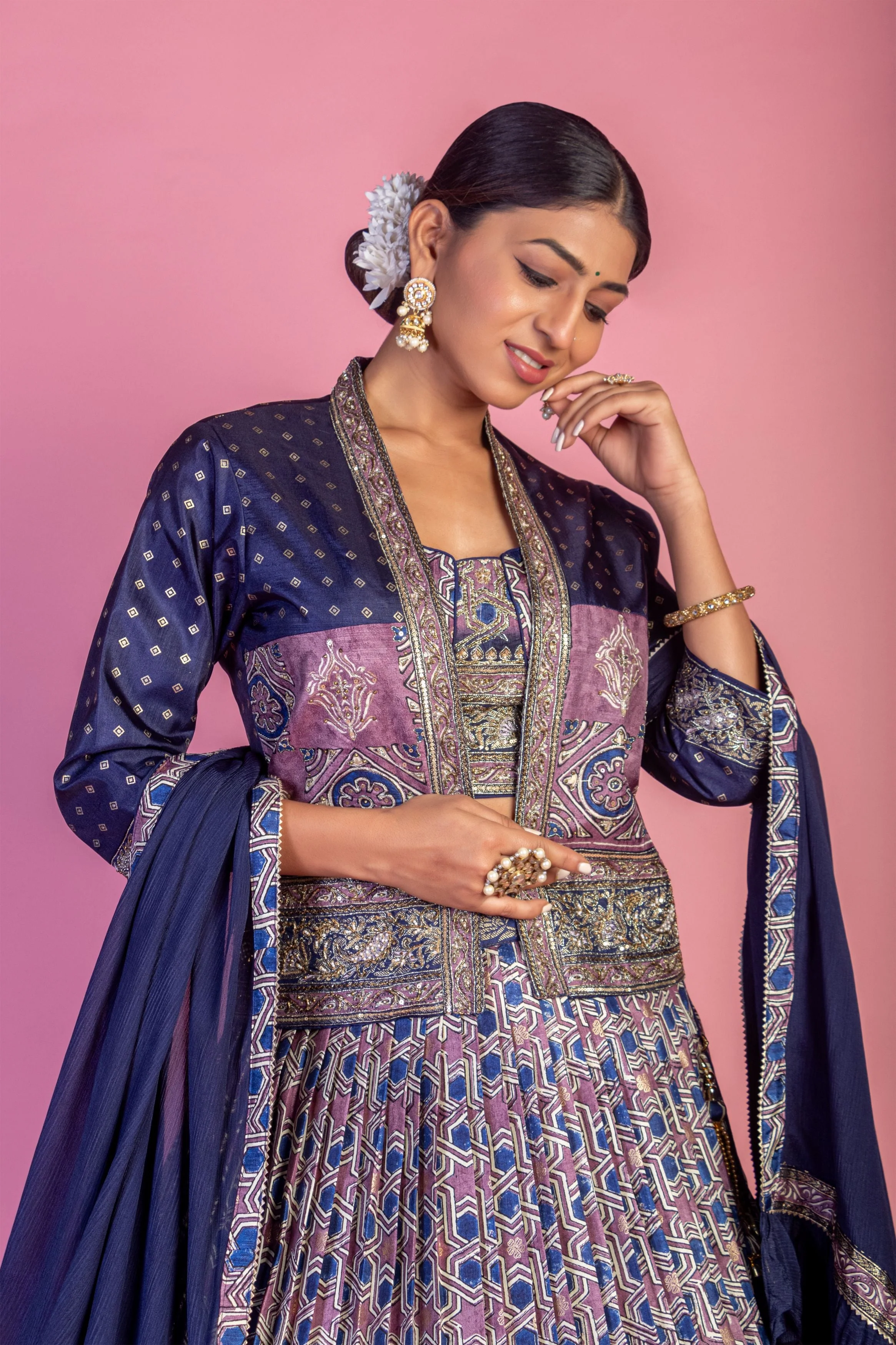 MidNight Purple Embellished Brocade Silk Lehenga Set - Image 2