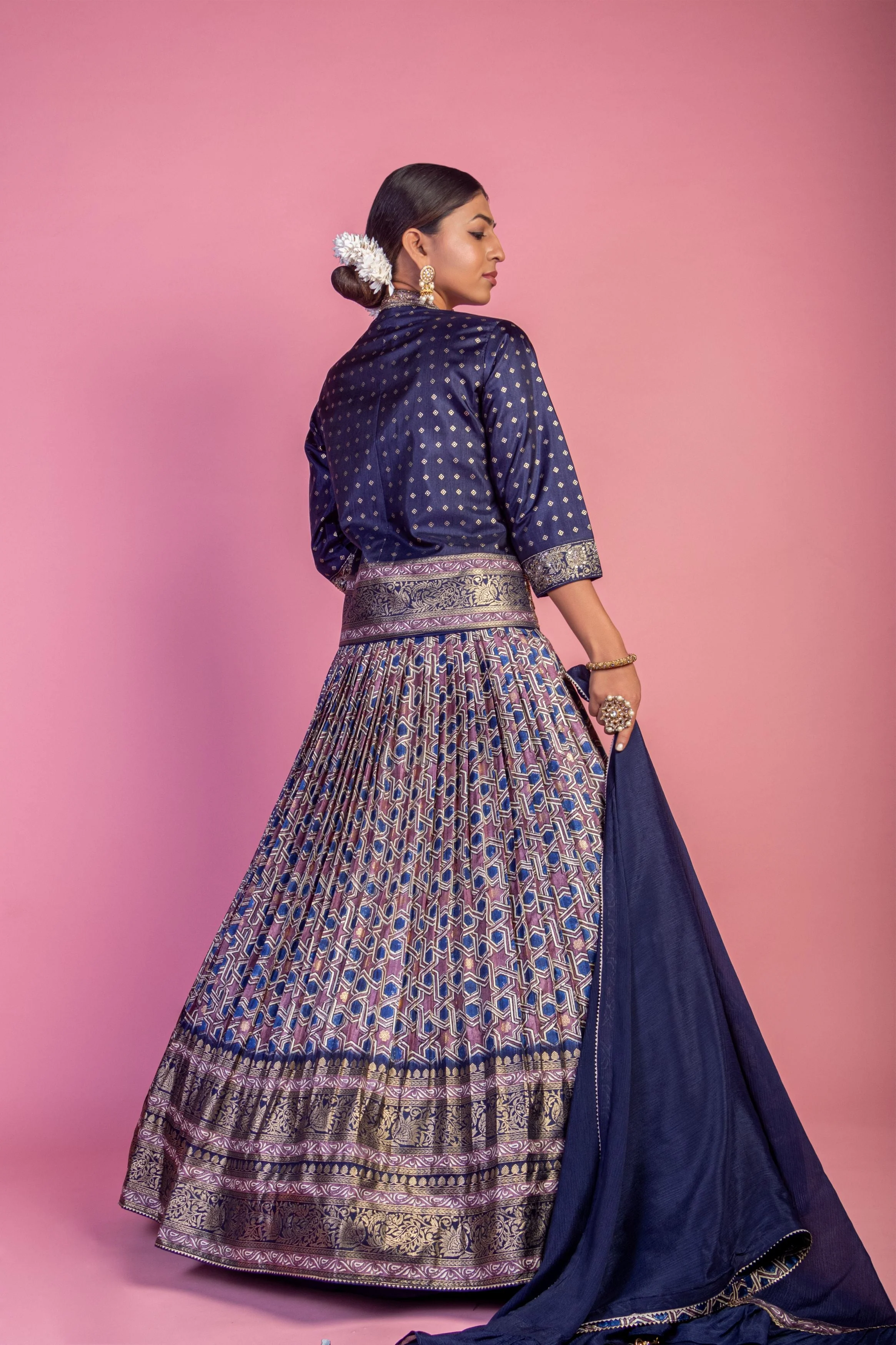 MidNight Purple Embellished Brocade Silk Lehenga Set - Image 3